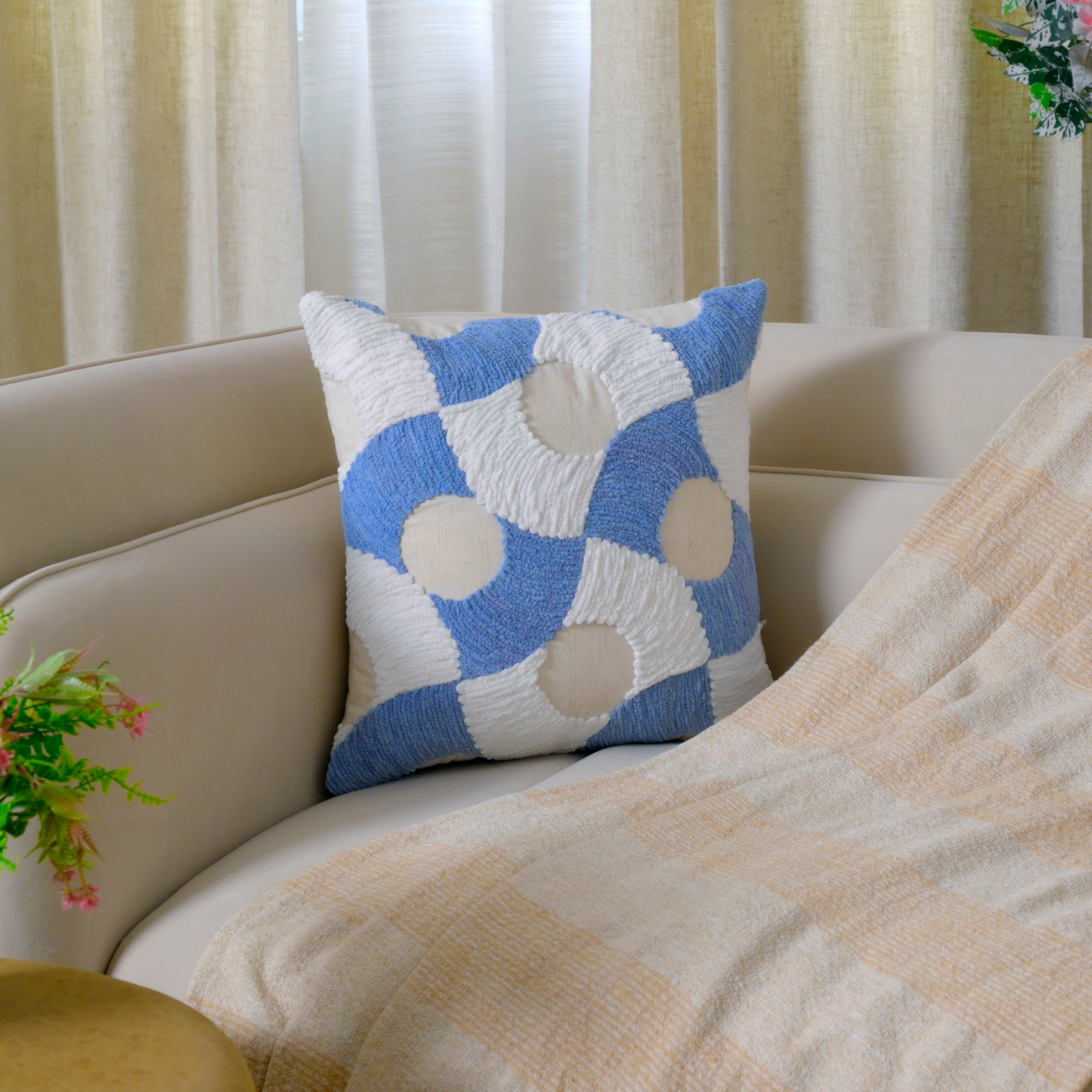 Blue and White Tufted Geometric Cushion Cover – Textured Cotton Accent Pillow
