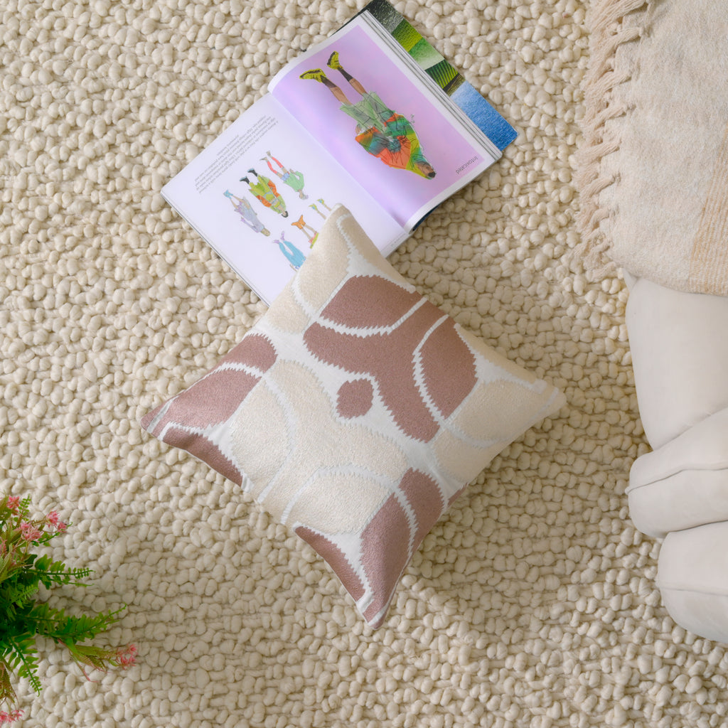 Hand-Embroidered Cotton Cushion Cover – Modern Ikat Pattern in Blush & Cream
