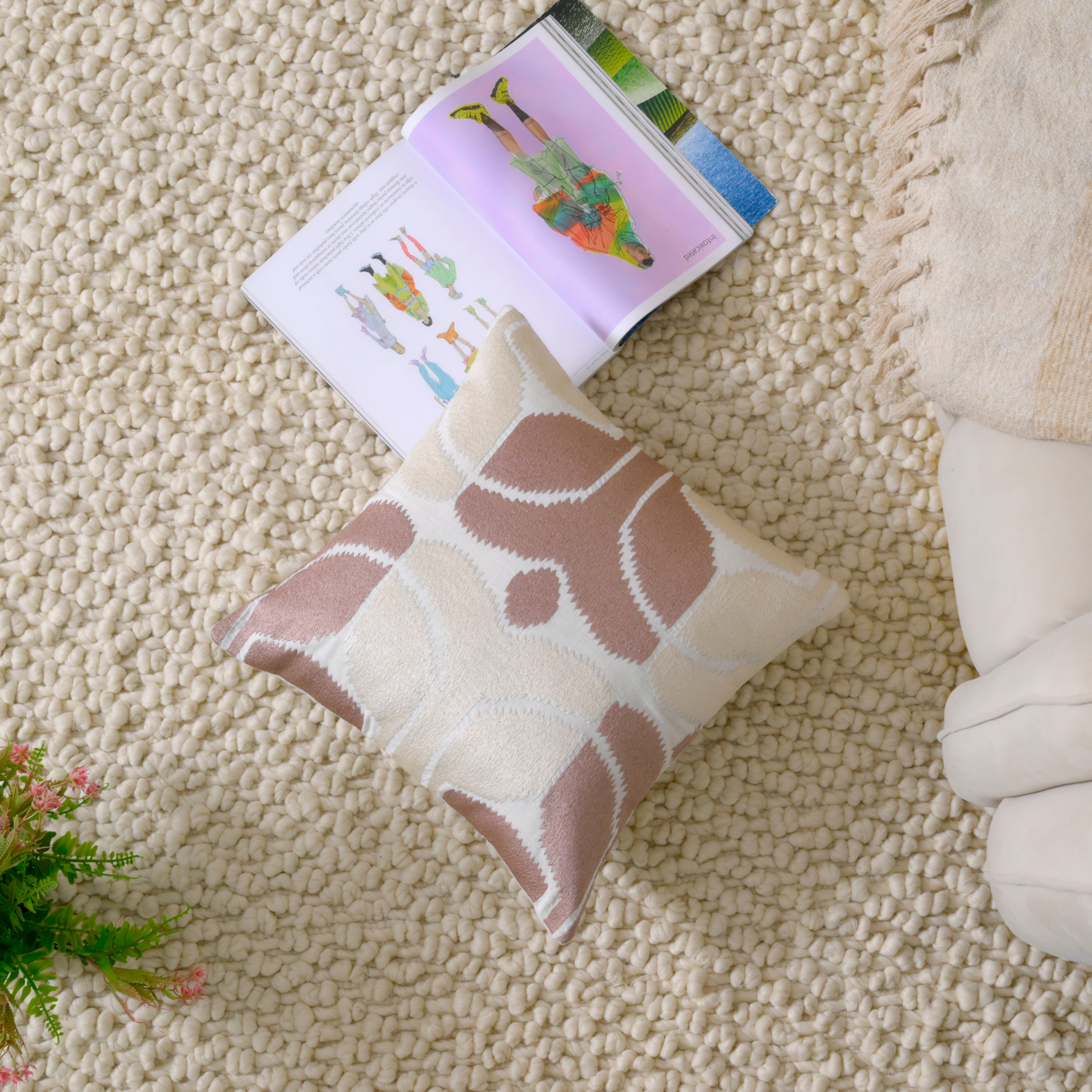 Hand-Embroidered Cotton Cushion Cover – Modern Ikat Pattern in Blush & Cream