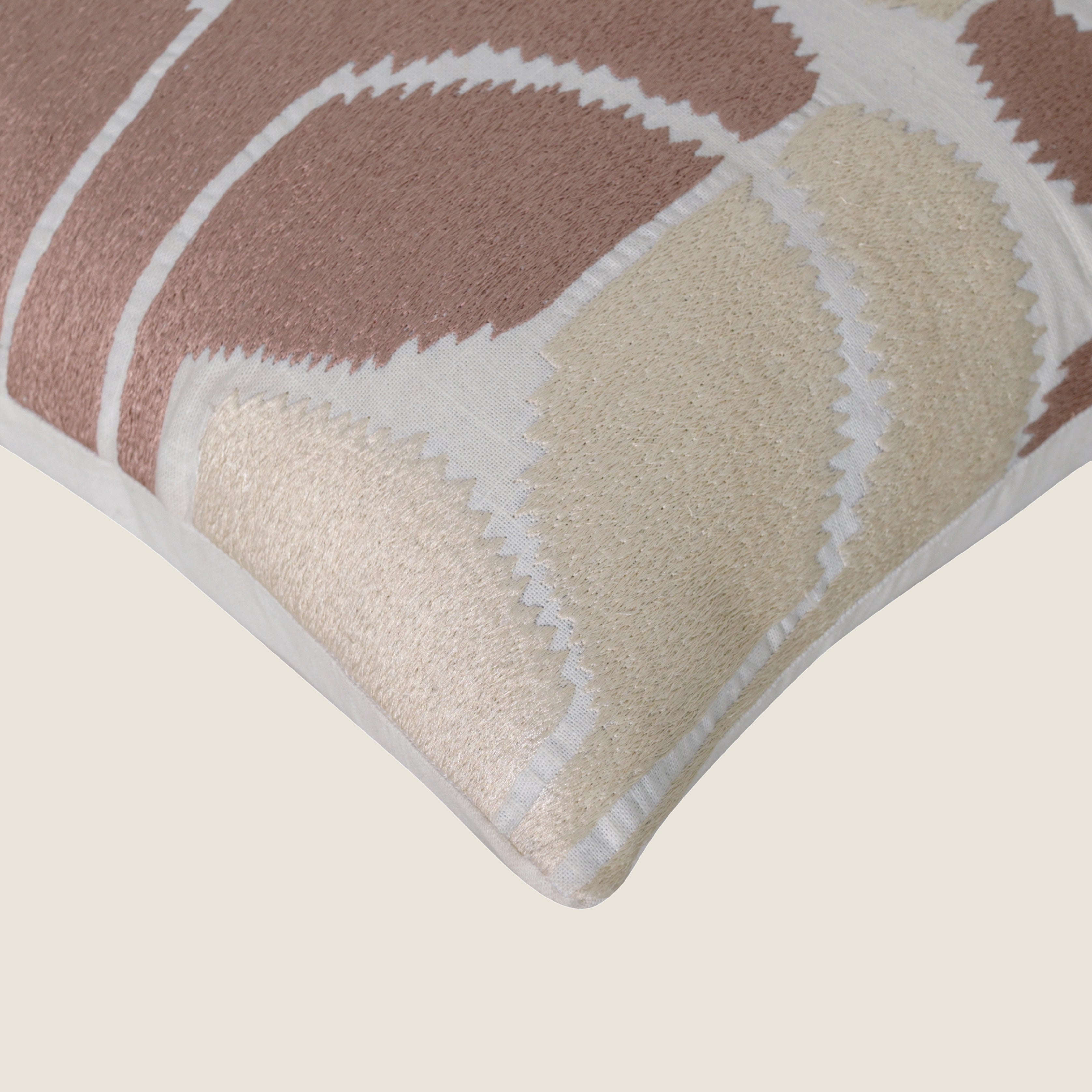 Hand-Embroidered Cotton Cushion Cover – Modern Ikat Pattern in Blush & Cream