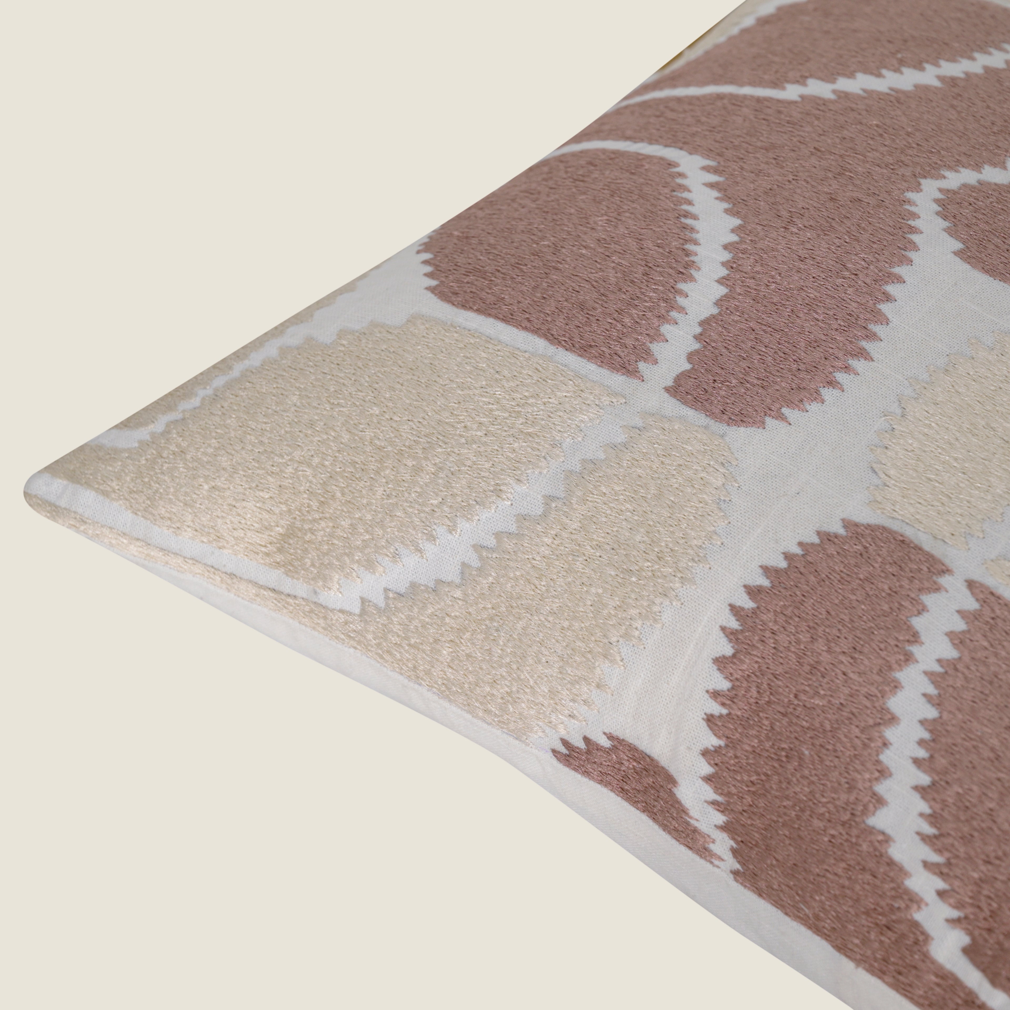 Hand-Embroidered Cotton Cushion Cover – Modern Ikat Pattern in Blush & Cream