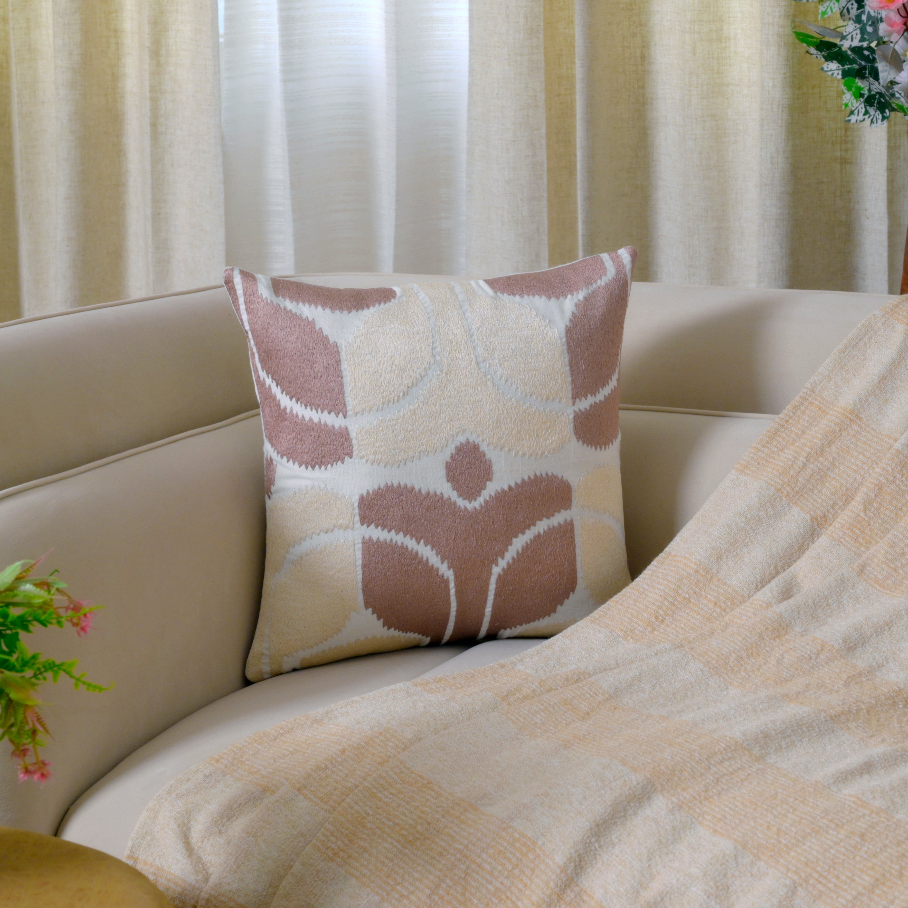 Hand-Embroidered Cotton Cushion Cover – Modern Ikat Pattern in Blush & Cream