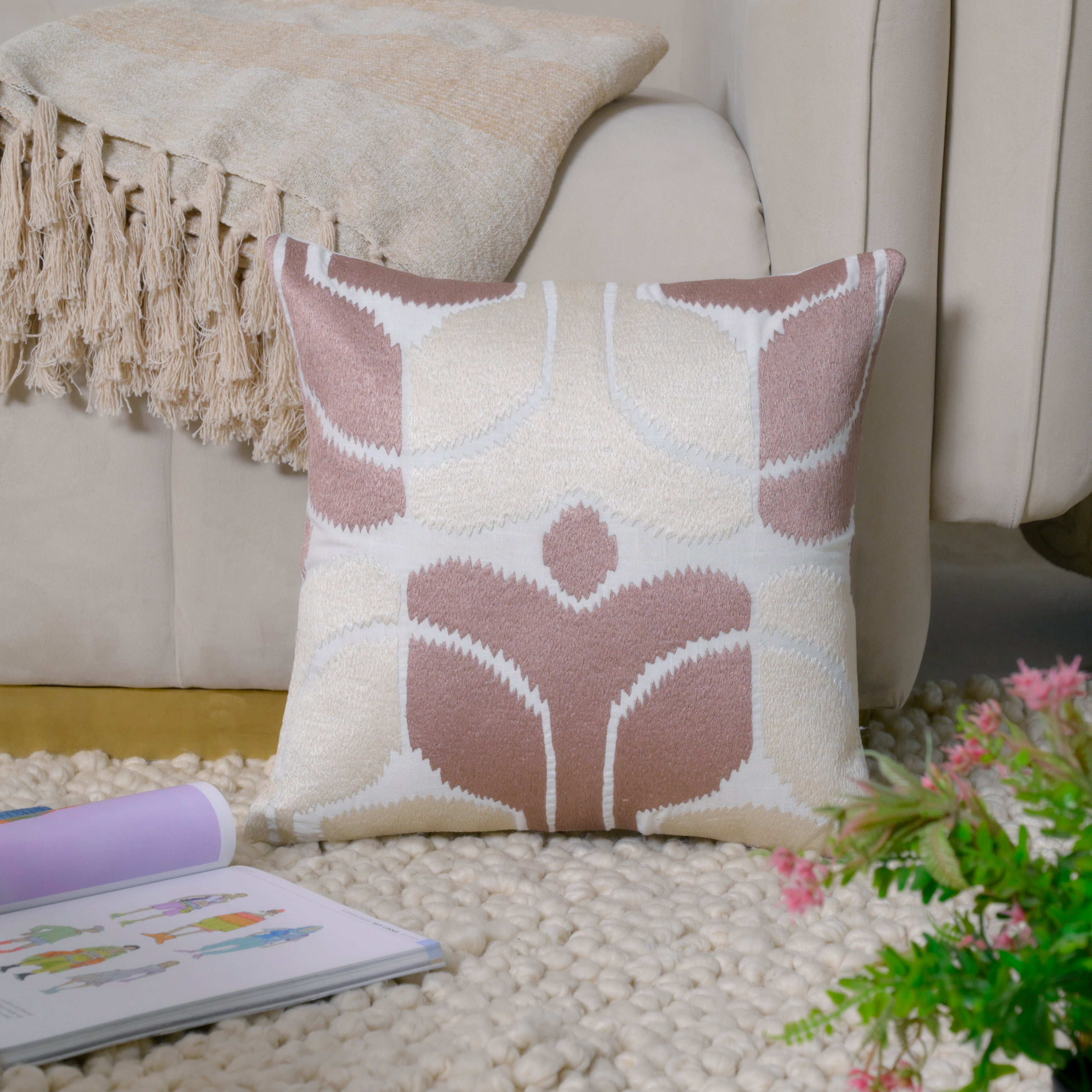 Hand-Embroidered Cotton Cushion Cover – Modern Ikat Pattern in Blush & Cream