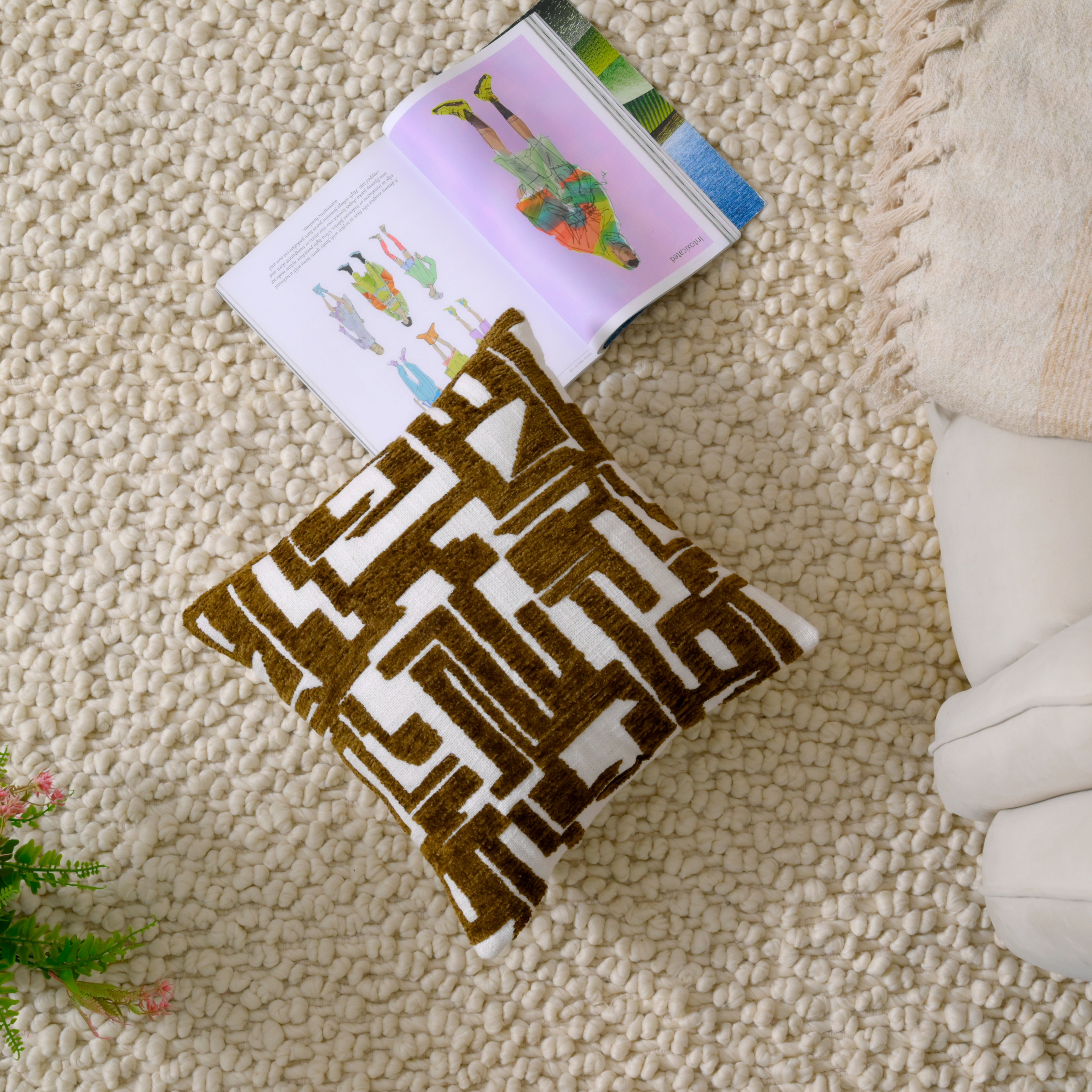 Yarn Couched Embroidered Geometric Throw Pillow