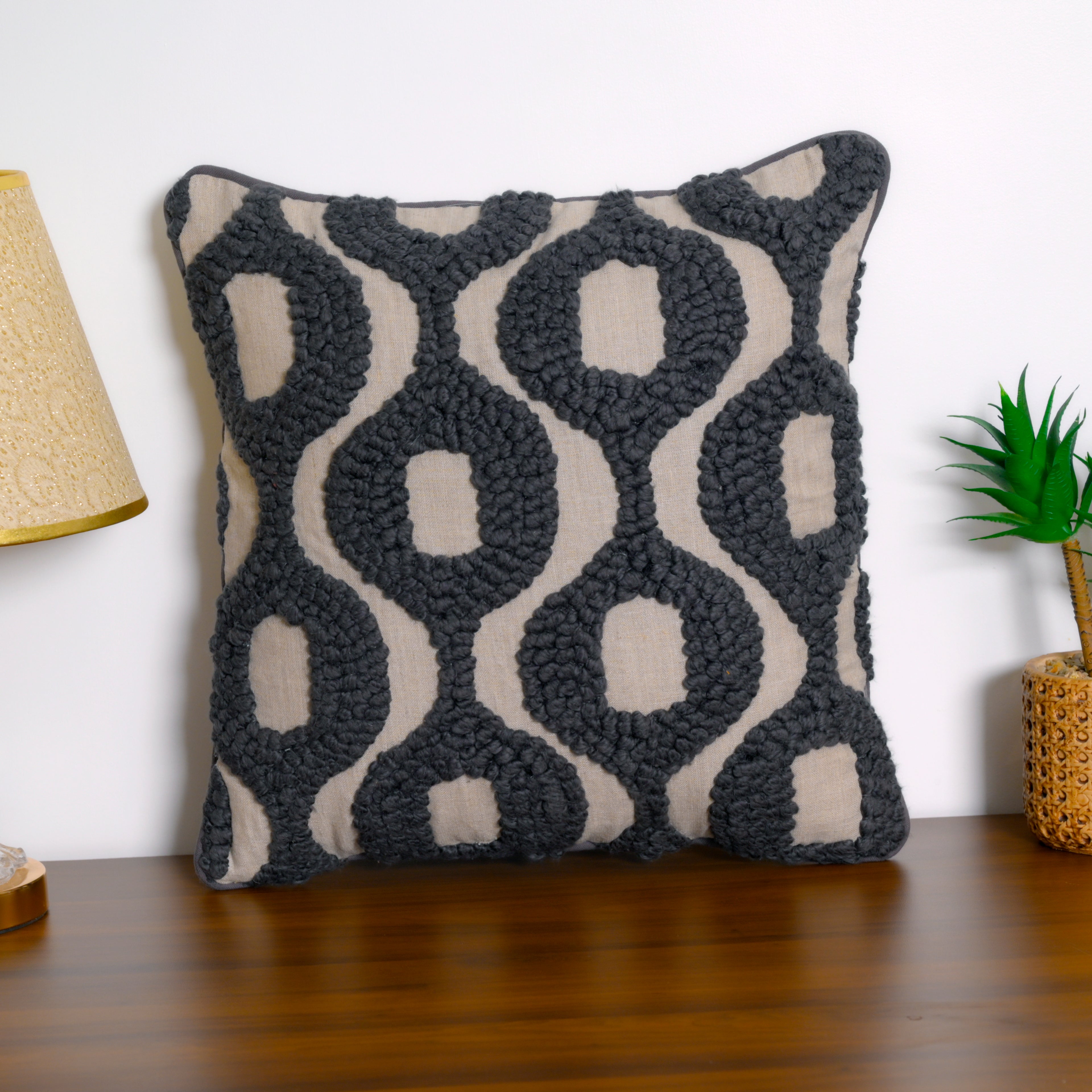 Textured Charcoal Geometric Embroidered Throw Pillow