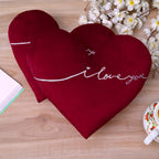 Set of 2 Red Heart-Shaped Velvet Cushions with "I Love You" Embroidery – Romantic Valentine's Day Gift Decor for Couple, Girlfriend, Boyfriend