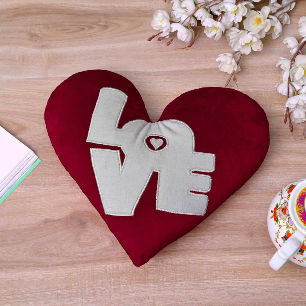 Set of 2 Red Velvet Heart-Shaped Plush Pillow with "Love" Embroidery