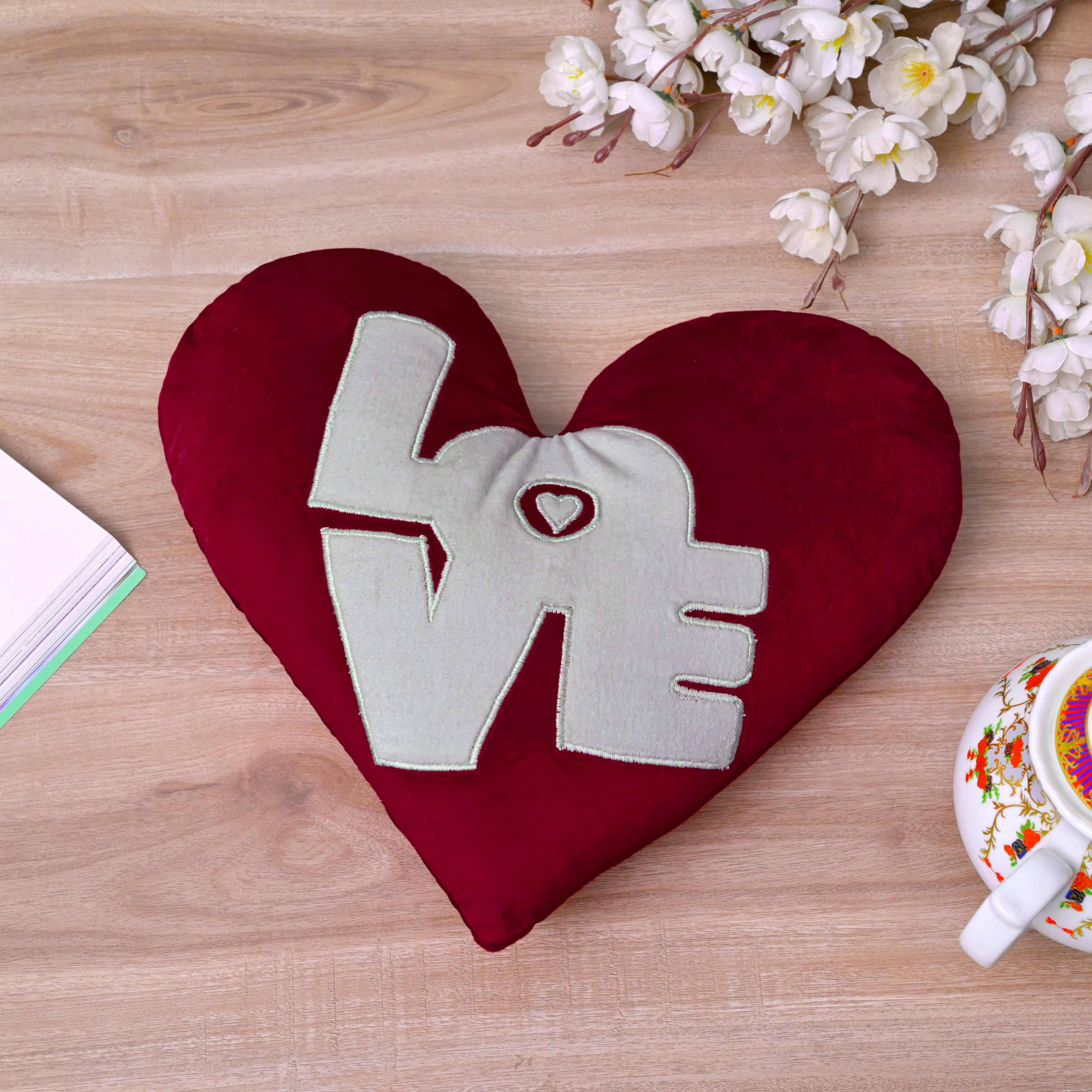 Set of 2 Red Velvet Heart-Shaped Plush Pillow with "Love" Embroidery