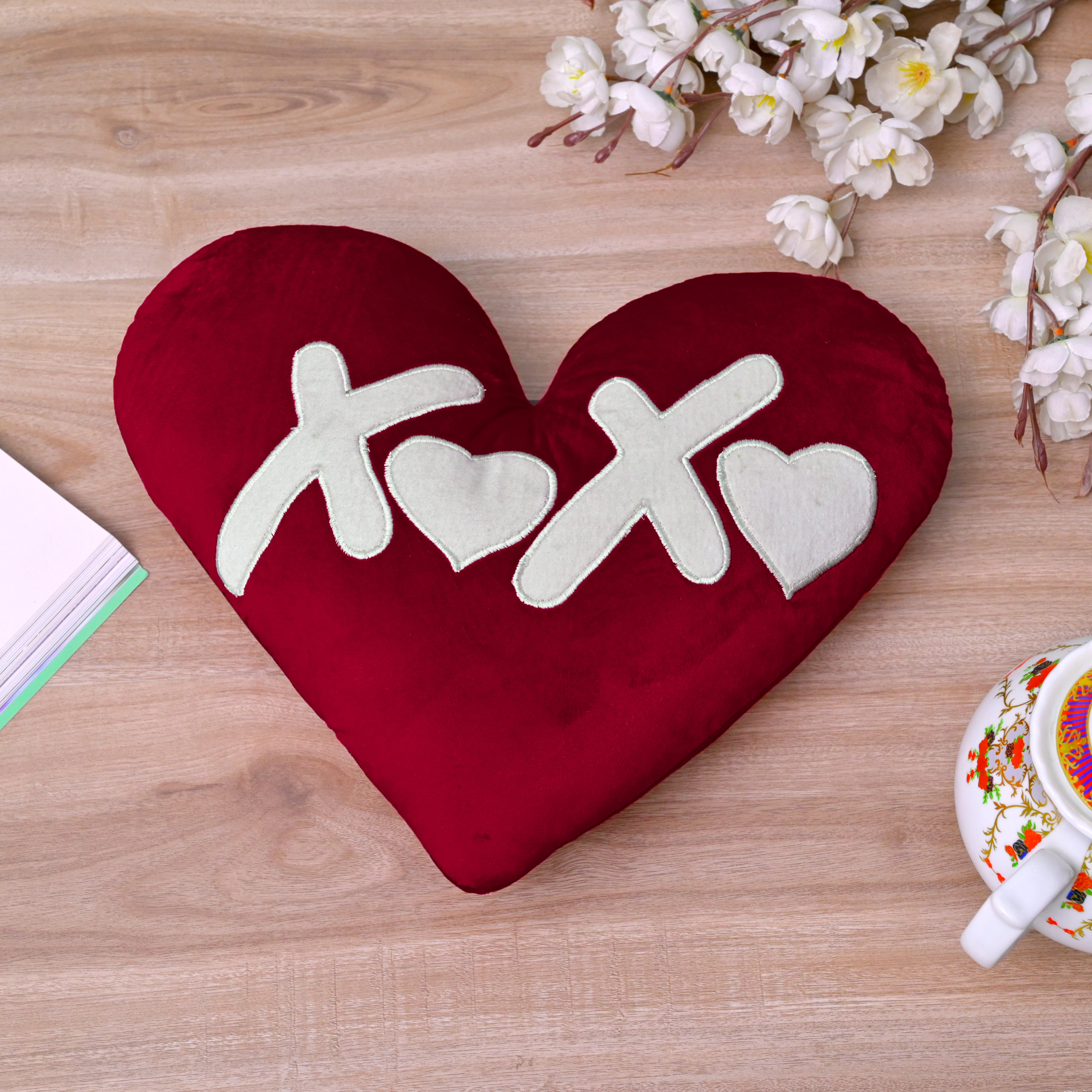 Set of 2 Red Heart-Shaped Velvet Cushions with Embroidery Romantic Valentine's Day Gift Decor