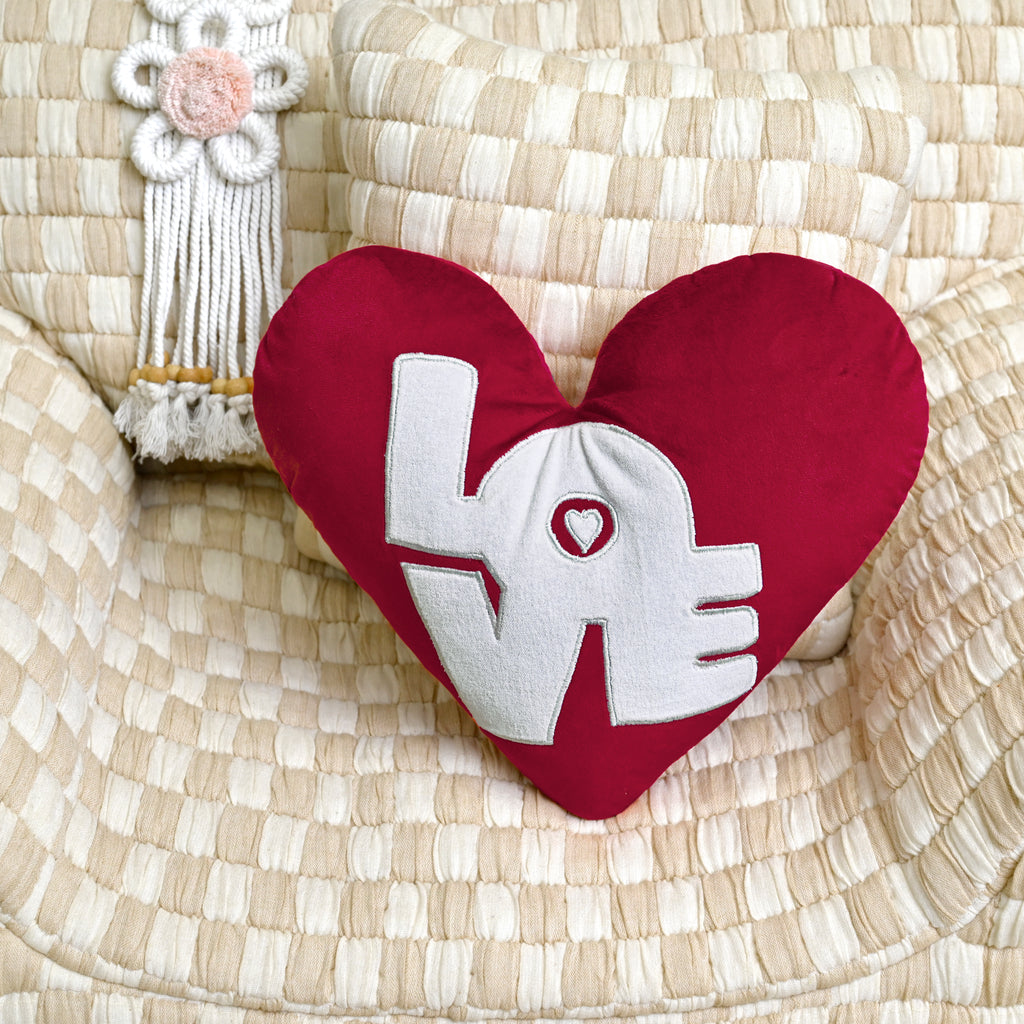 Set of 2 Red Velvet Heart-Shaped Plush Pillow with "Love" Embroidery