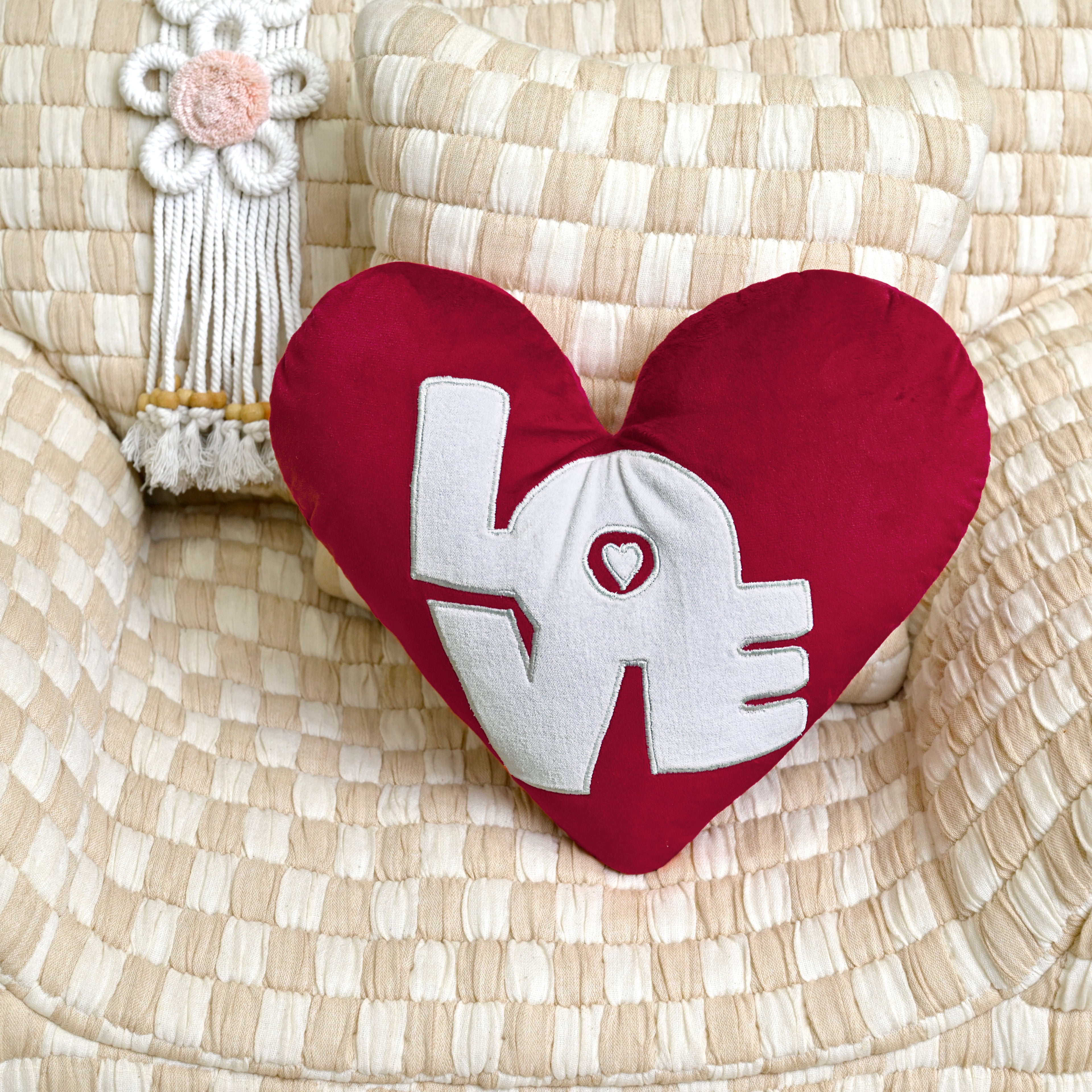 Set of 2 Red Velvet Heart-Shaped Plush Pillow with "Love" Embroidery