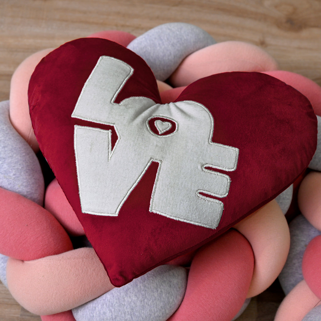 Set of 2 Red Velvet Heart-Shaped Plush Pillow with "Love" Embroidery