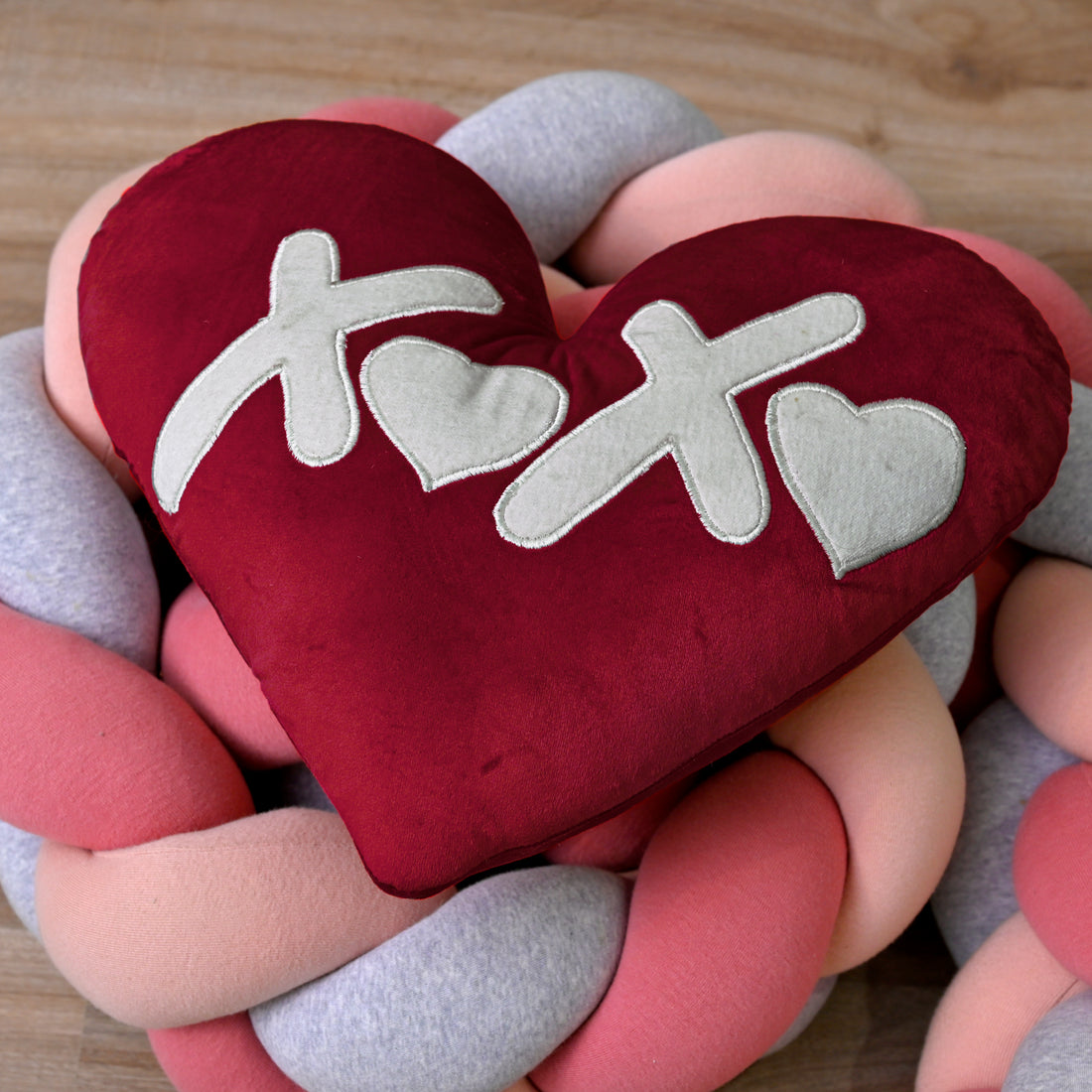 Set of 2 Red Heart-Shaped Velvet Cushions with Embroidery Romantic Valentine&