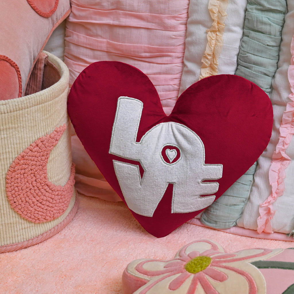 Set of 2 Red Velvet Heart-Shaped Plush Pillow with "Love" Embroidery