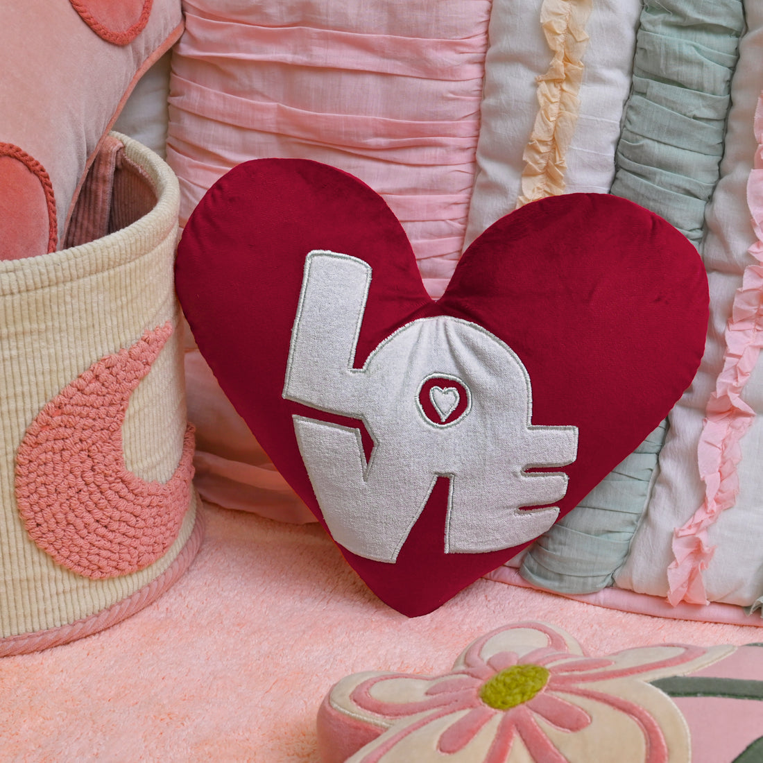 Set of 2 Red Velvet Heart-Shaped Plush Pillow with "Love" Embroidery