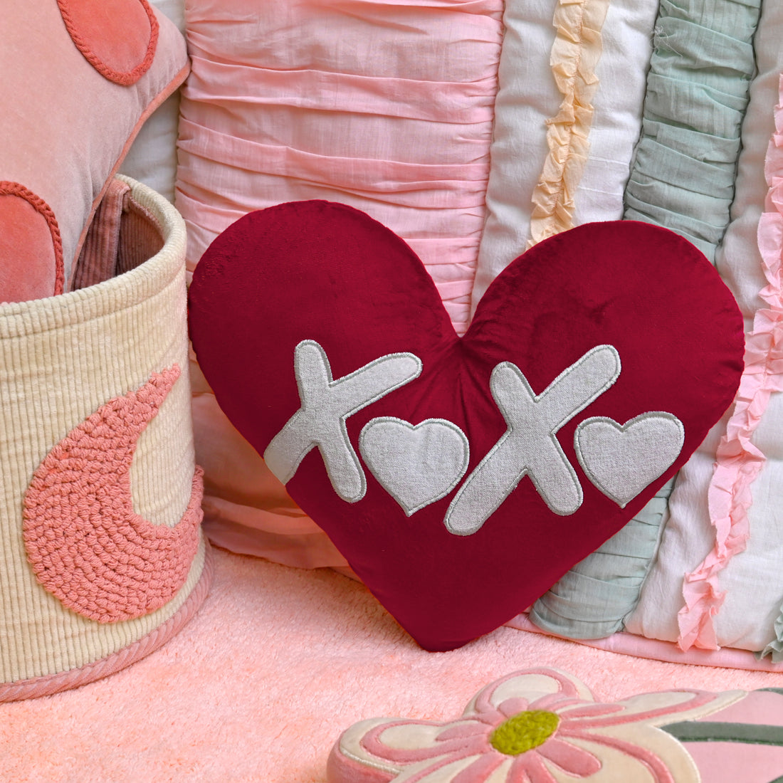 Set of 2 Red Heart-Shaped Velvet Cushions with Embroidery Romantic Valentine&