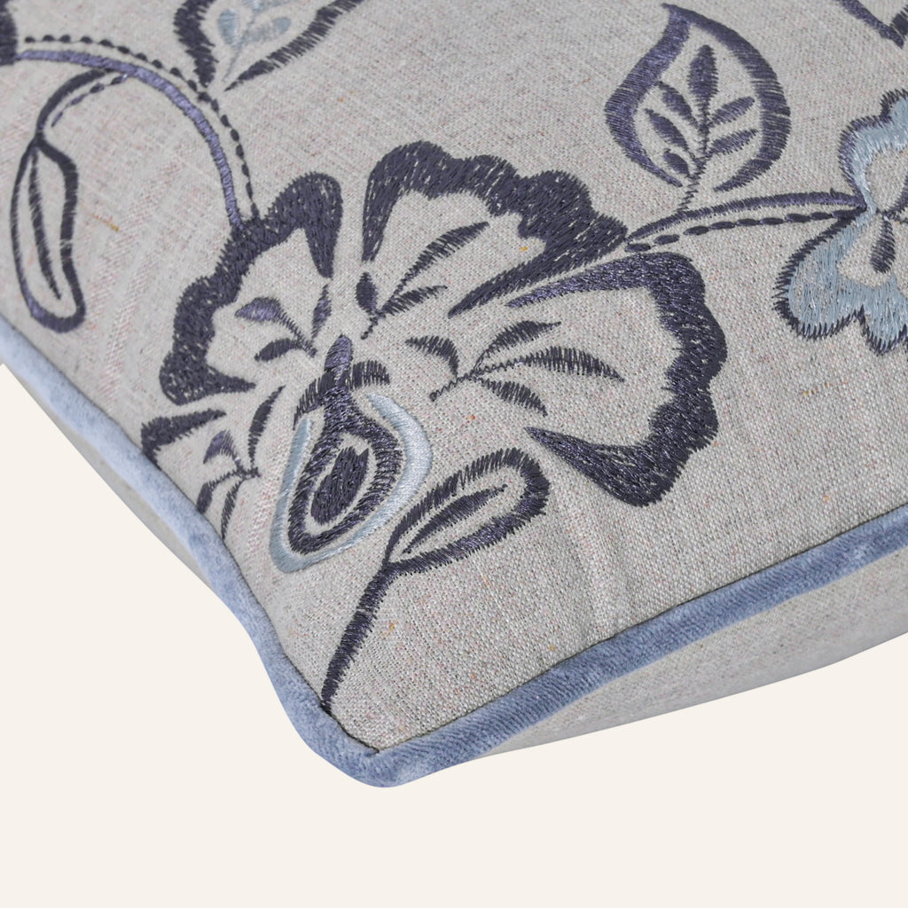 Blue Floral Embroidered Linen Pillow