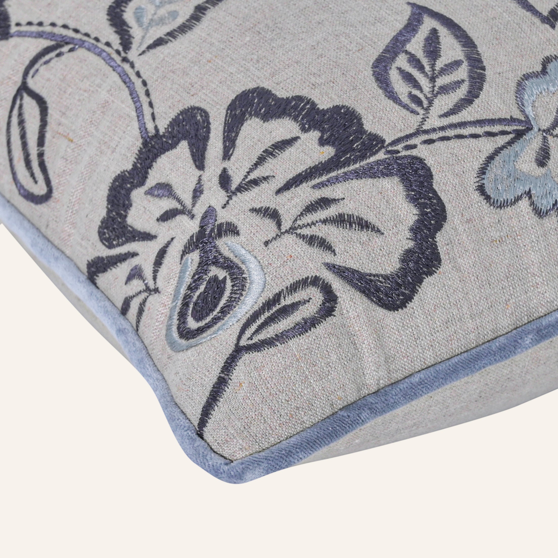 Blue Floral Embroidered Linen Pillow
