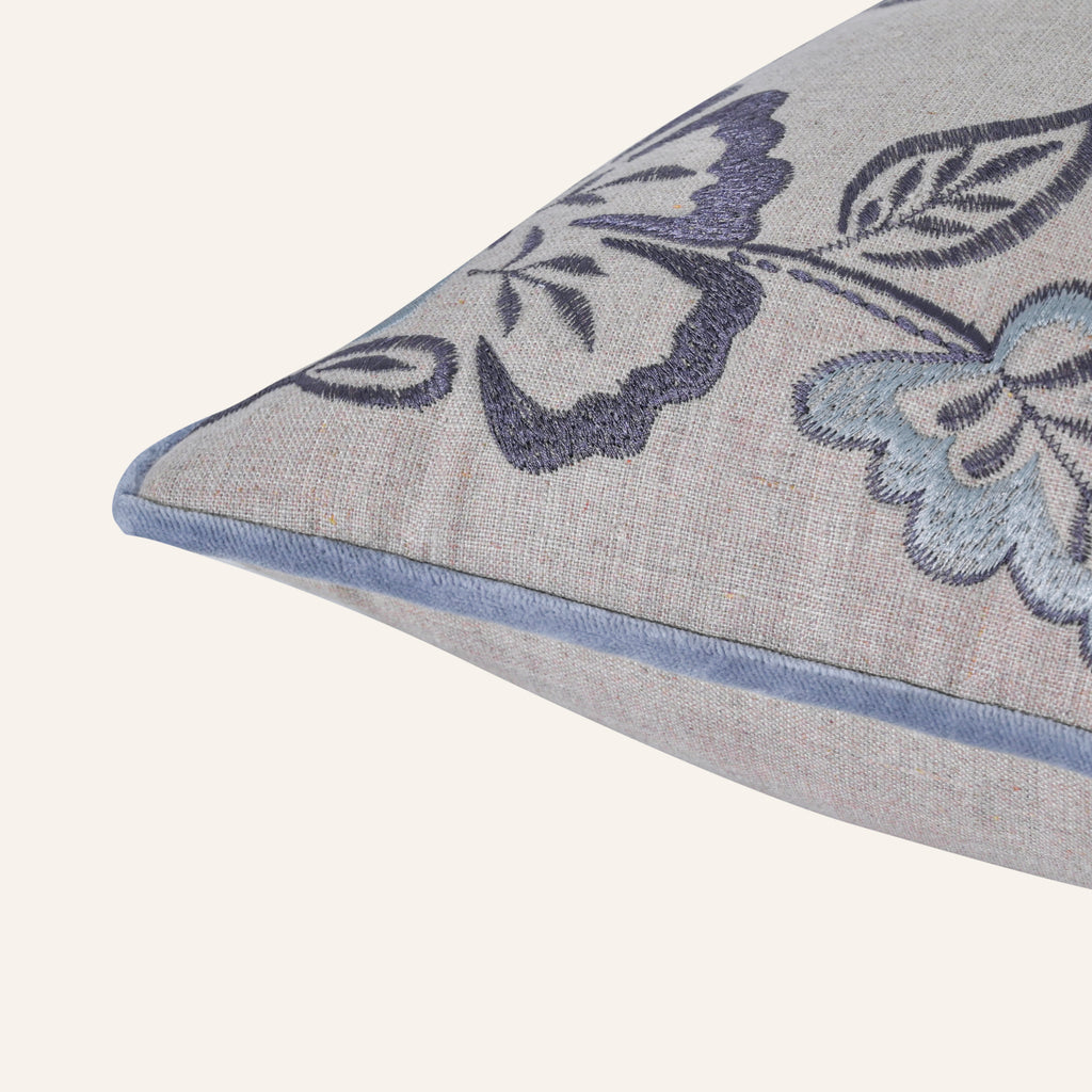 Blue Floral Embroidered Linen Pillow