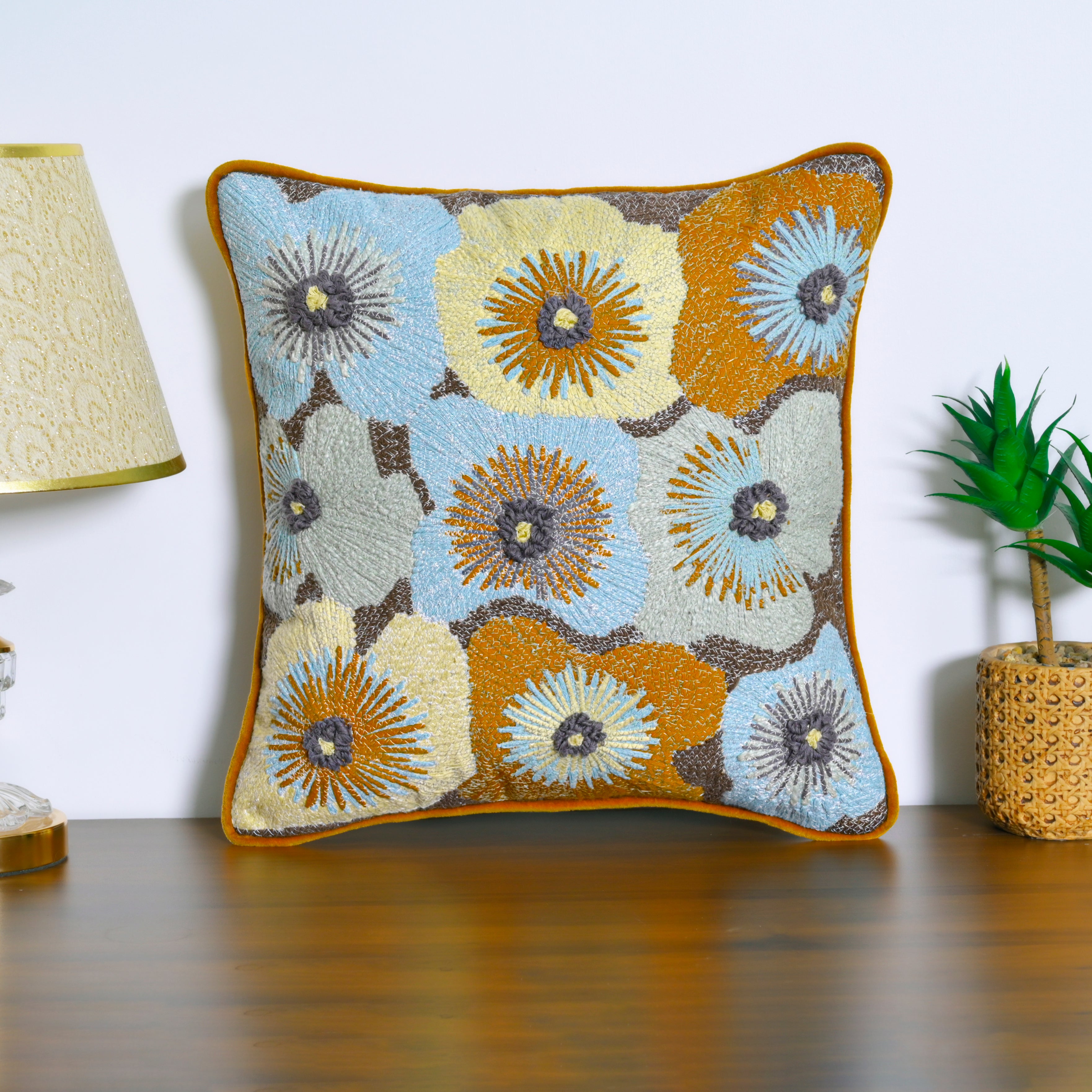 Multicolor Floral Embroidered Throw Pillow