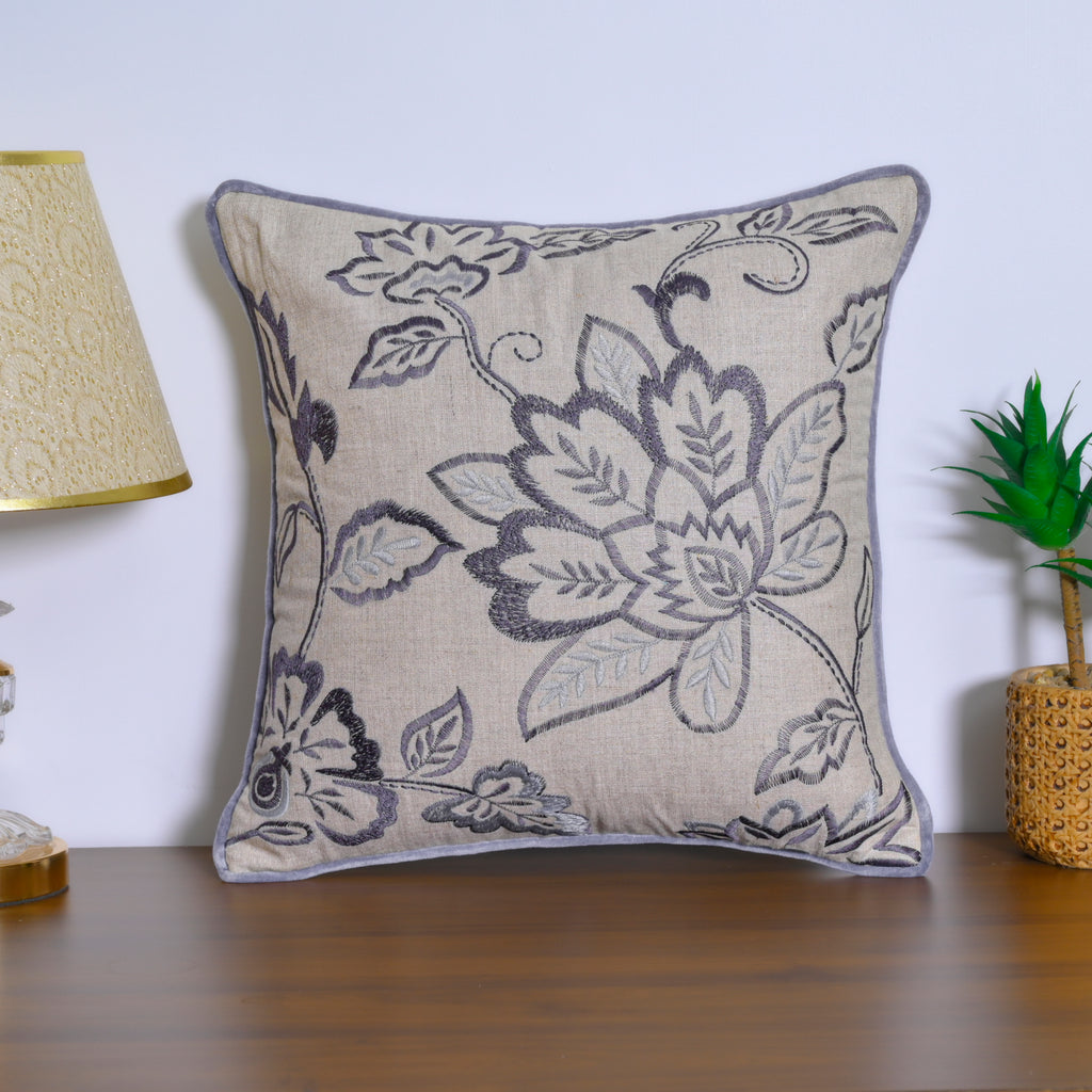 Blue Floral Embroidered Linen Pillow