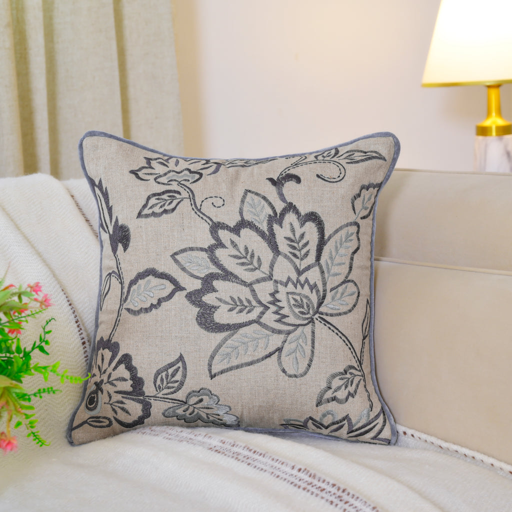 Blue Floral Embroidered Linen Pillow