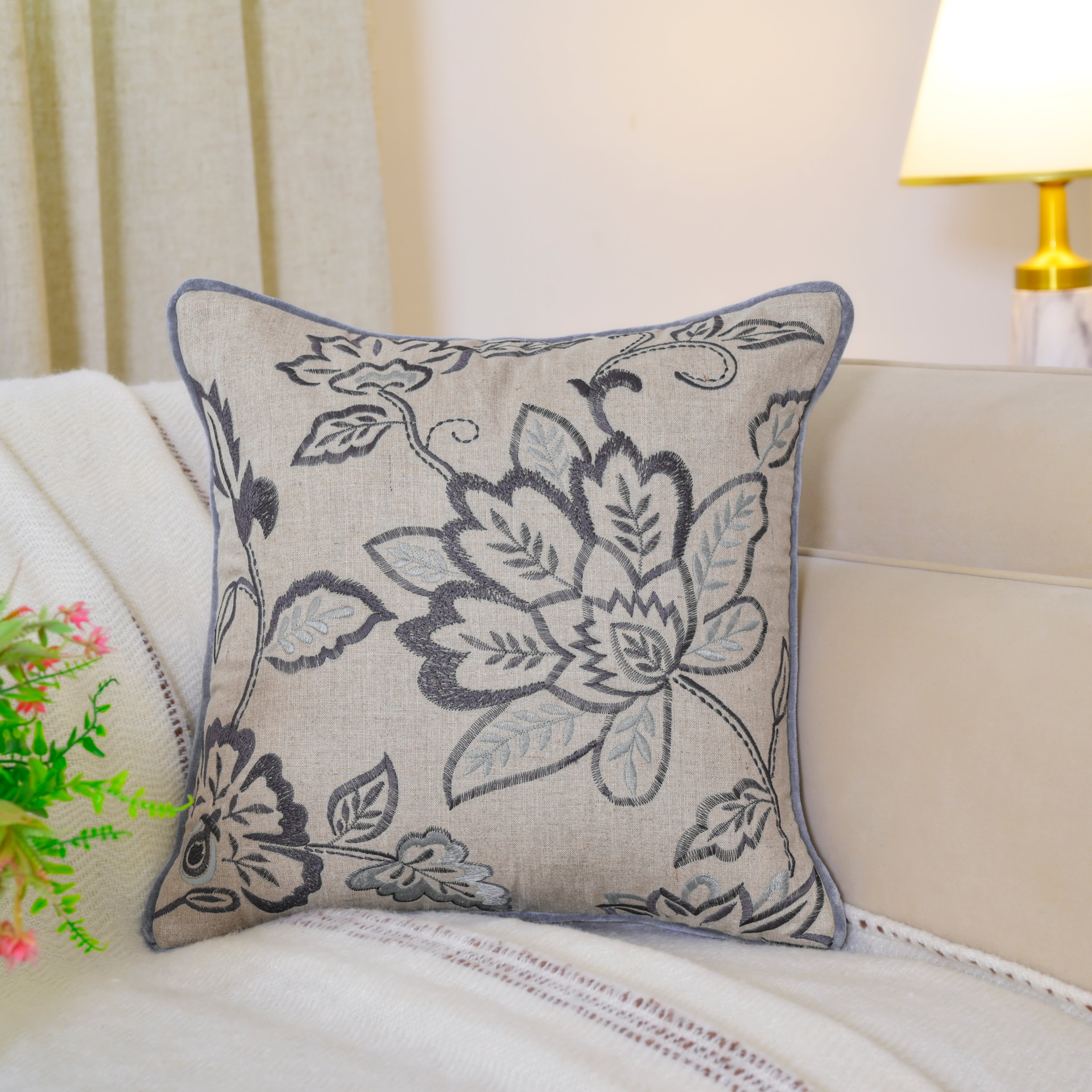Blue Floral Embroidered Linen Pillow