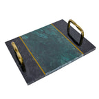 Artisan Emerald & Onyx Marble Serving Tray with Twisted Brass Handles