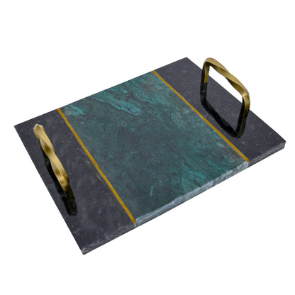 Artisan Emerald &amp; Onyx Marble Serving Tray with Twisted Brass Handles