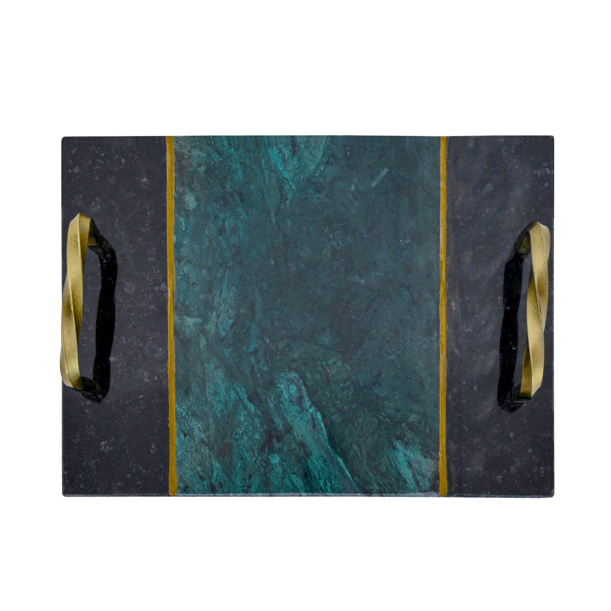Artisan Emerald &amp; Onyx Marble Serving Tray with Twisted Brass Handles