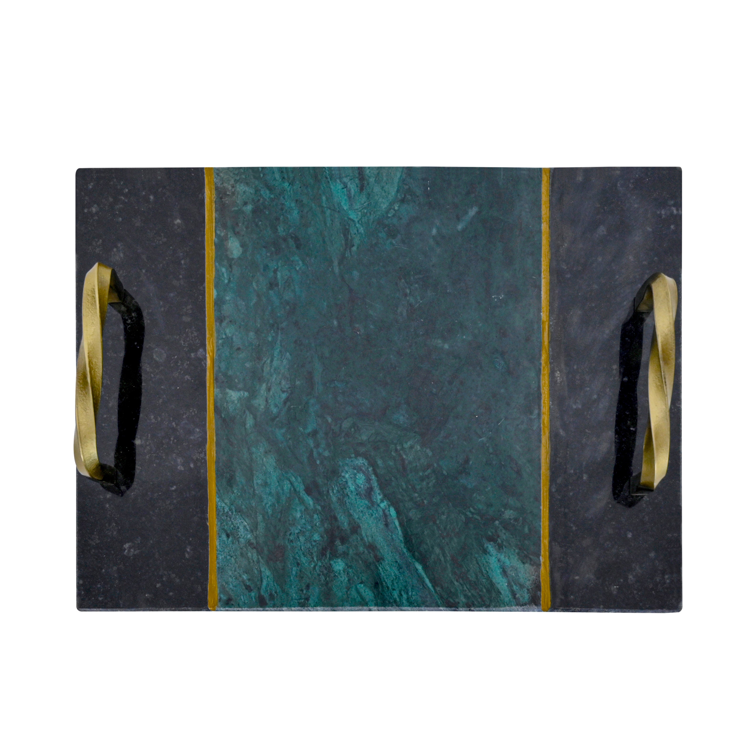 Artisan Emerald & Onyx Marble Serving Tray with Twisted Brass Handles
