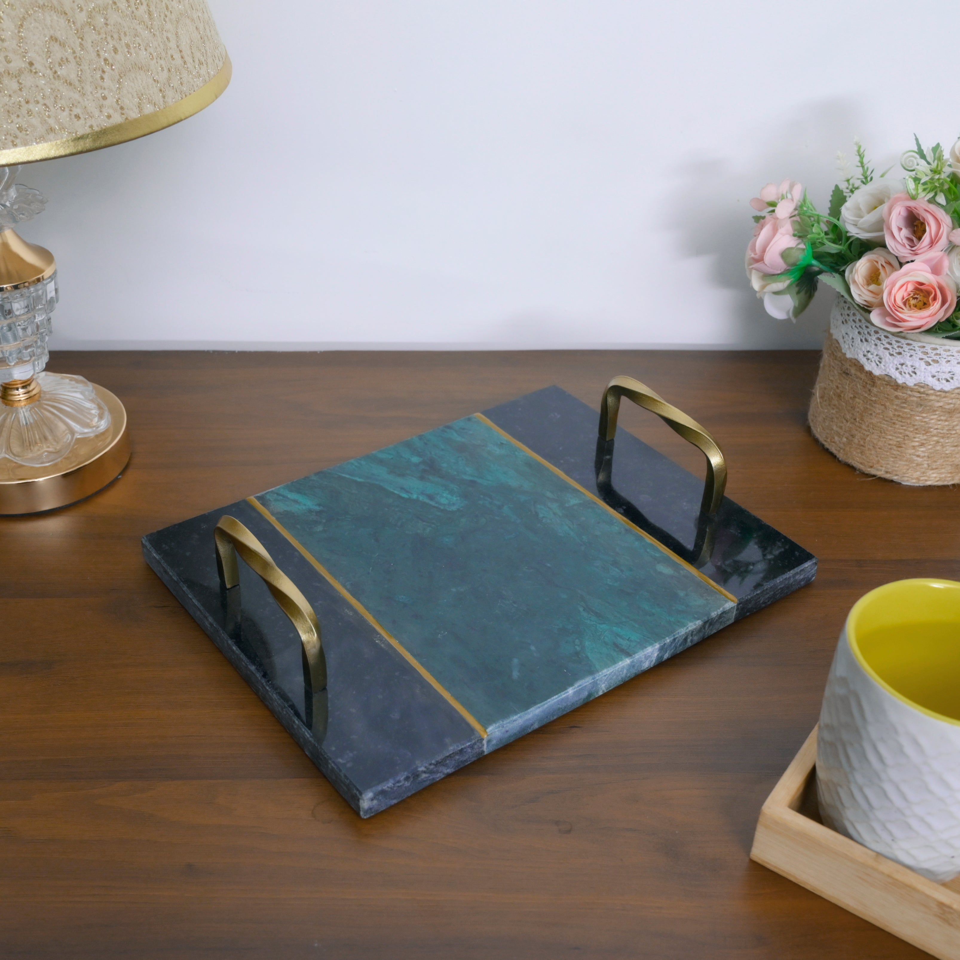 Artisan Emerald & Onyx Marble Serving Tray with Twisted Brass Handles