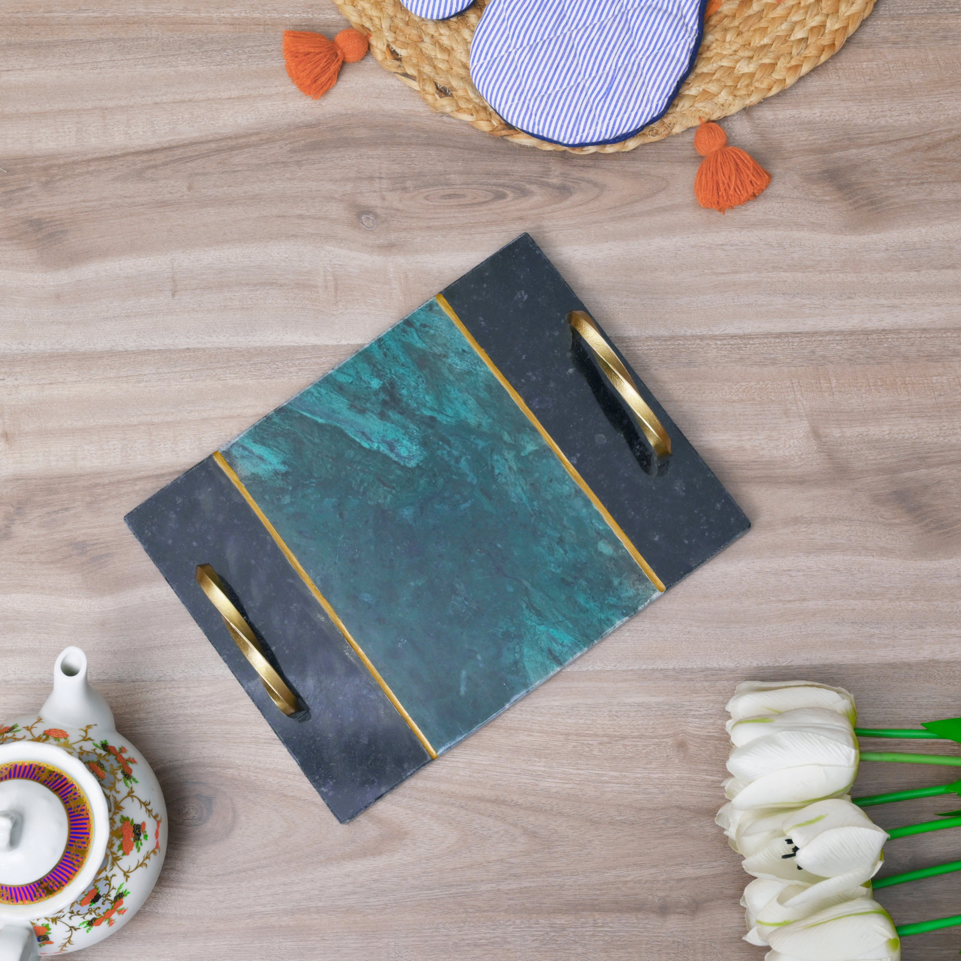 Artisan Emerald & Onyx Marble Serving Tray with Twisted Brass Handles