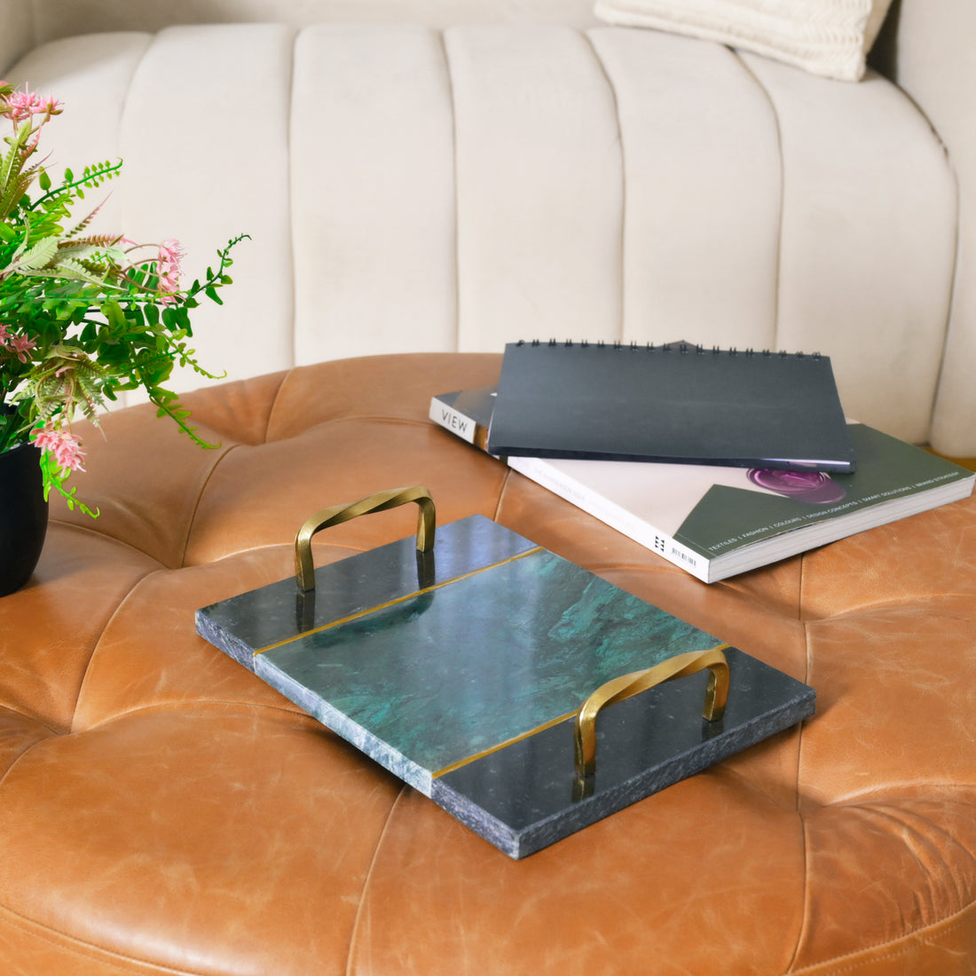 Artisan Emerald &amp; Onyx Marble Serving Tray with Twisted Brass Handles