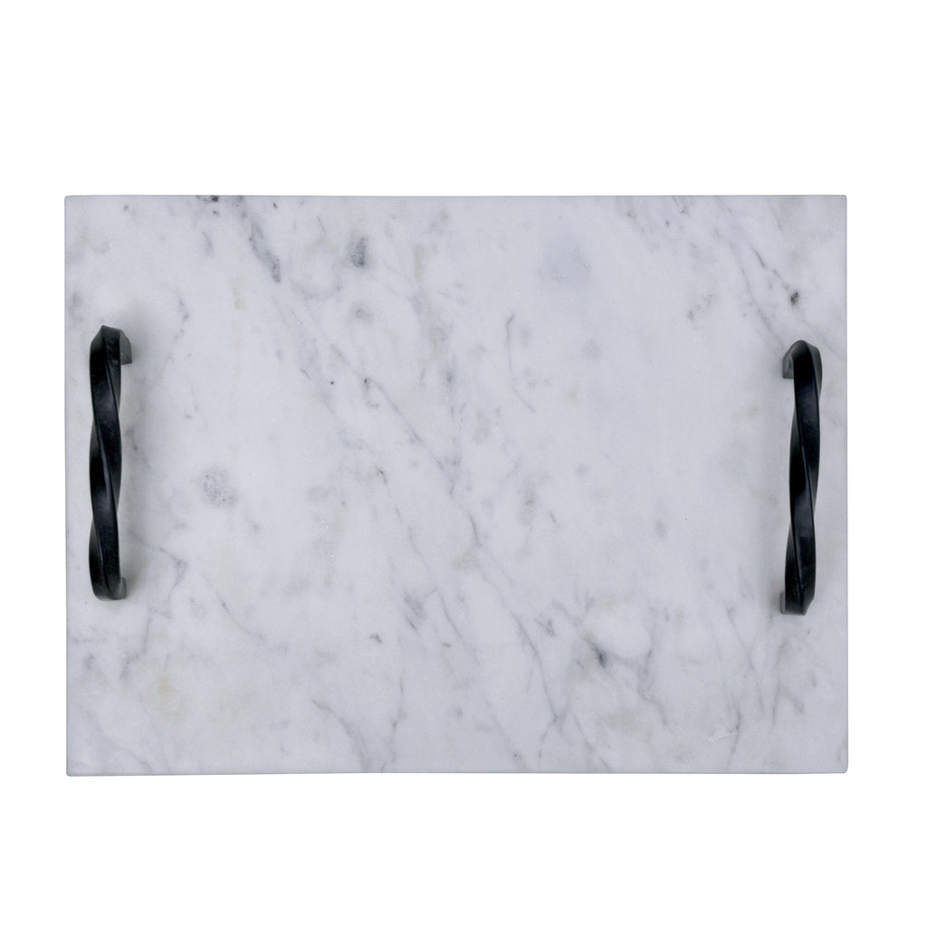 White Marble Serving Tray with Twisted Black Iron Handles