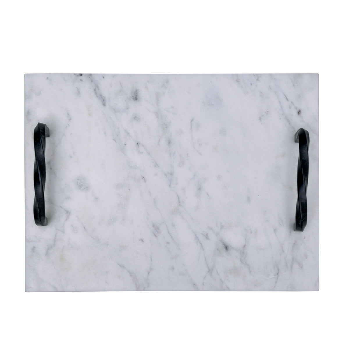 White Marble Serving Tray with Twisted Black Iron Handles