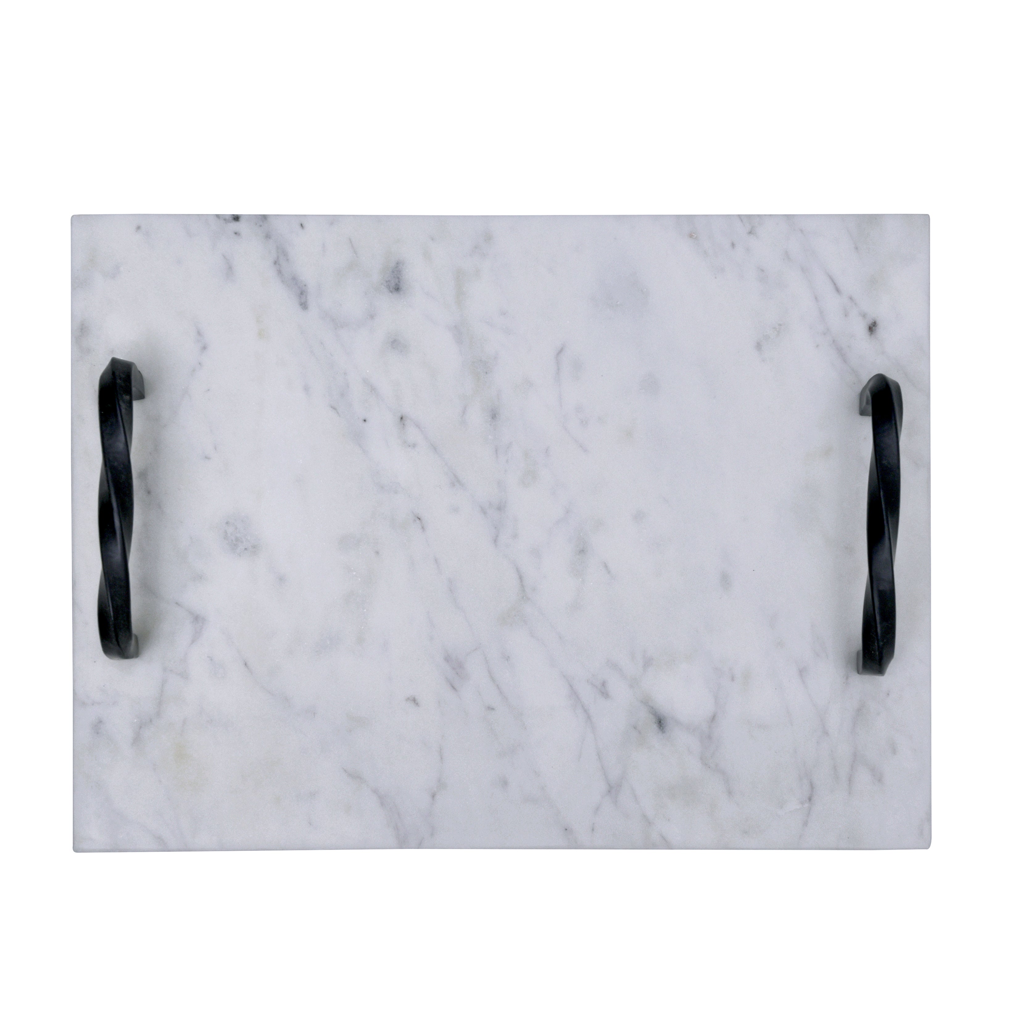 White Marble Serving Tray with Twisted Black Iron Handles