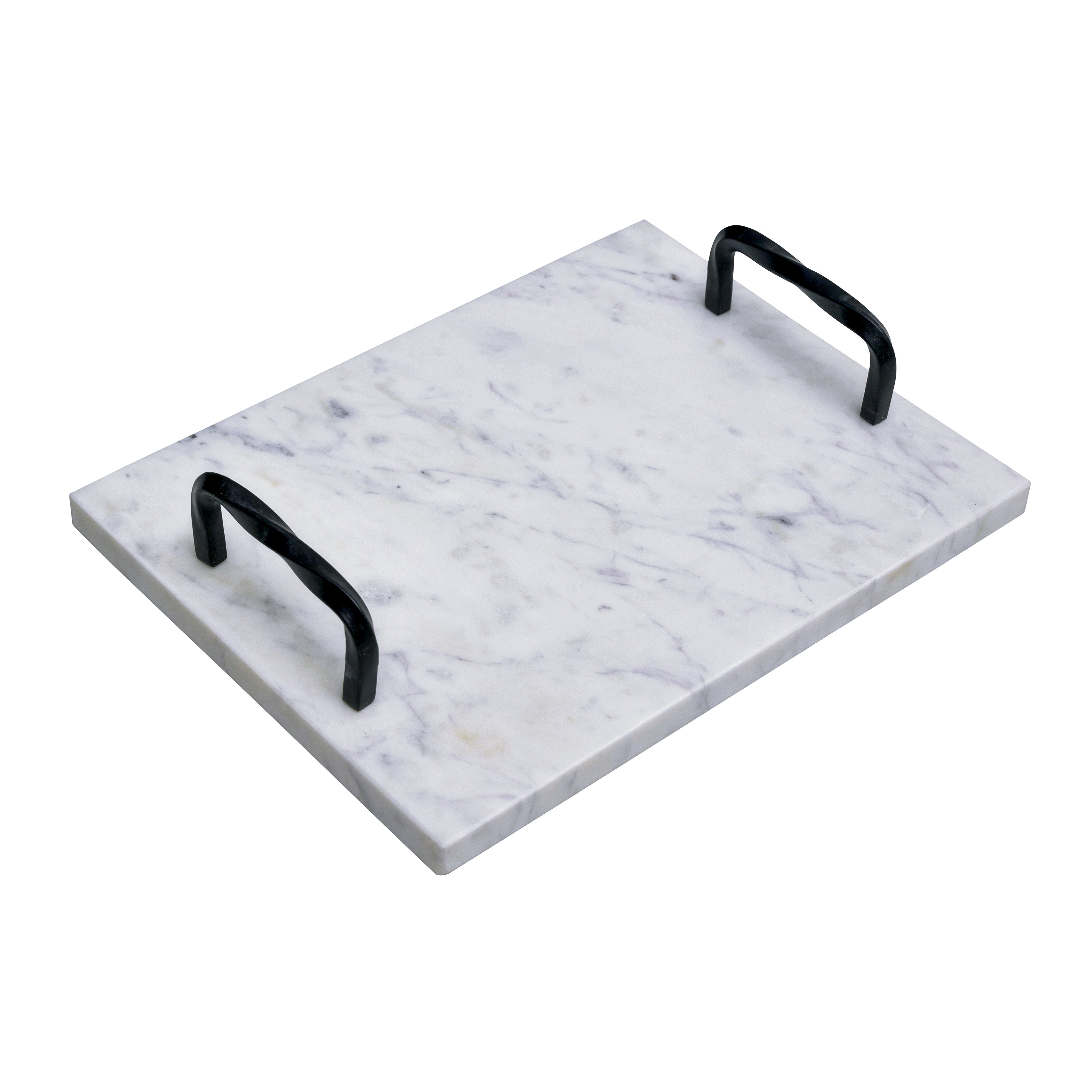 White Marble Serving Tray with Twisted Black Iron Handles