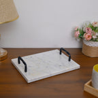 White Marble Serving Tray with Twisted Black Iron Handles