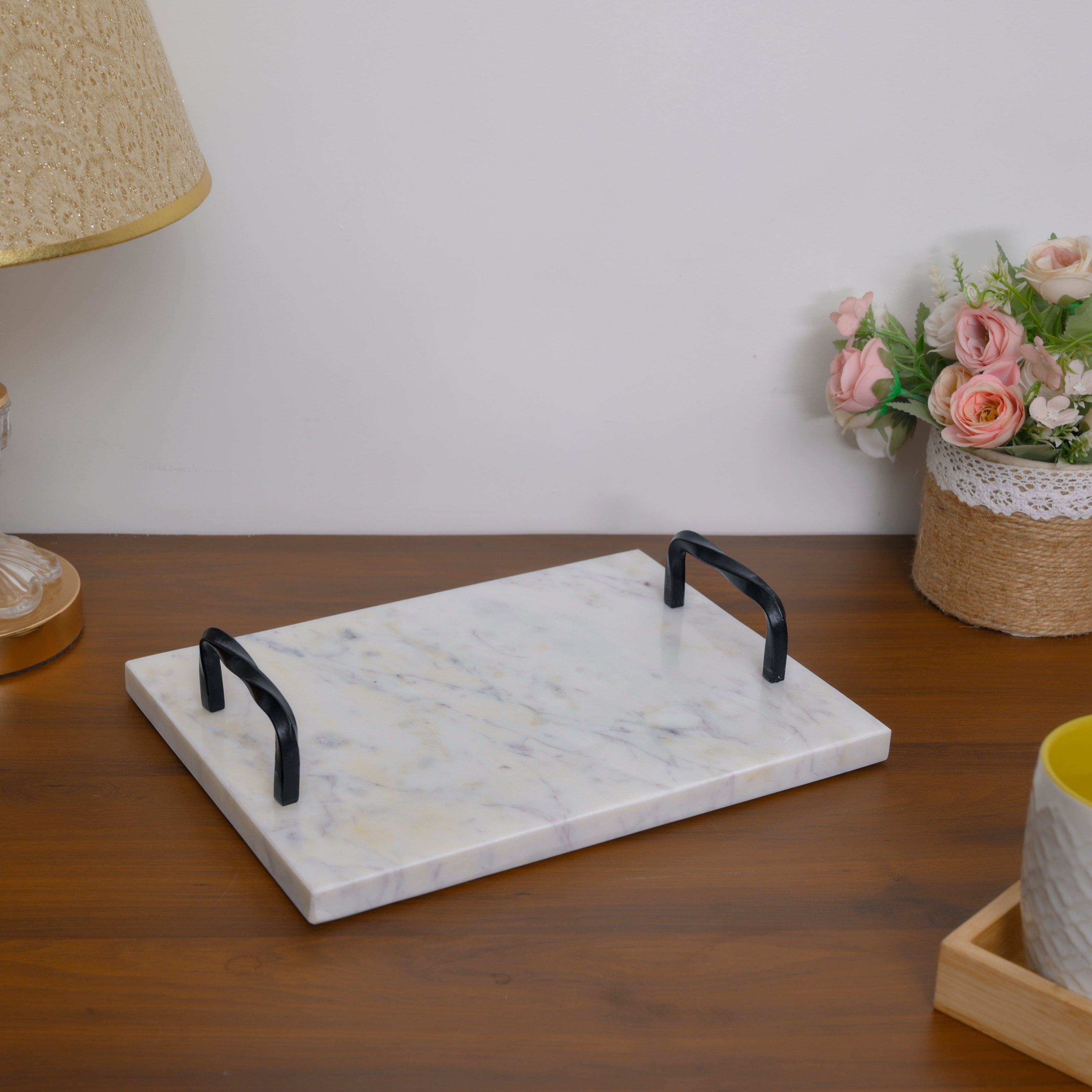 White Marble Serving Tray with Twisted Black Iron Handles
