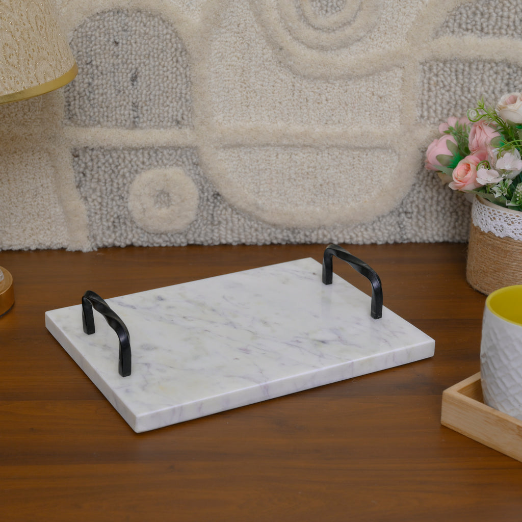 White Marble Serving Tray with Twisted Black Iron Handles