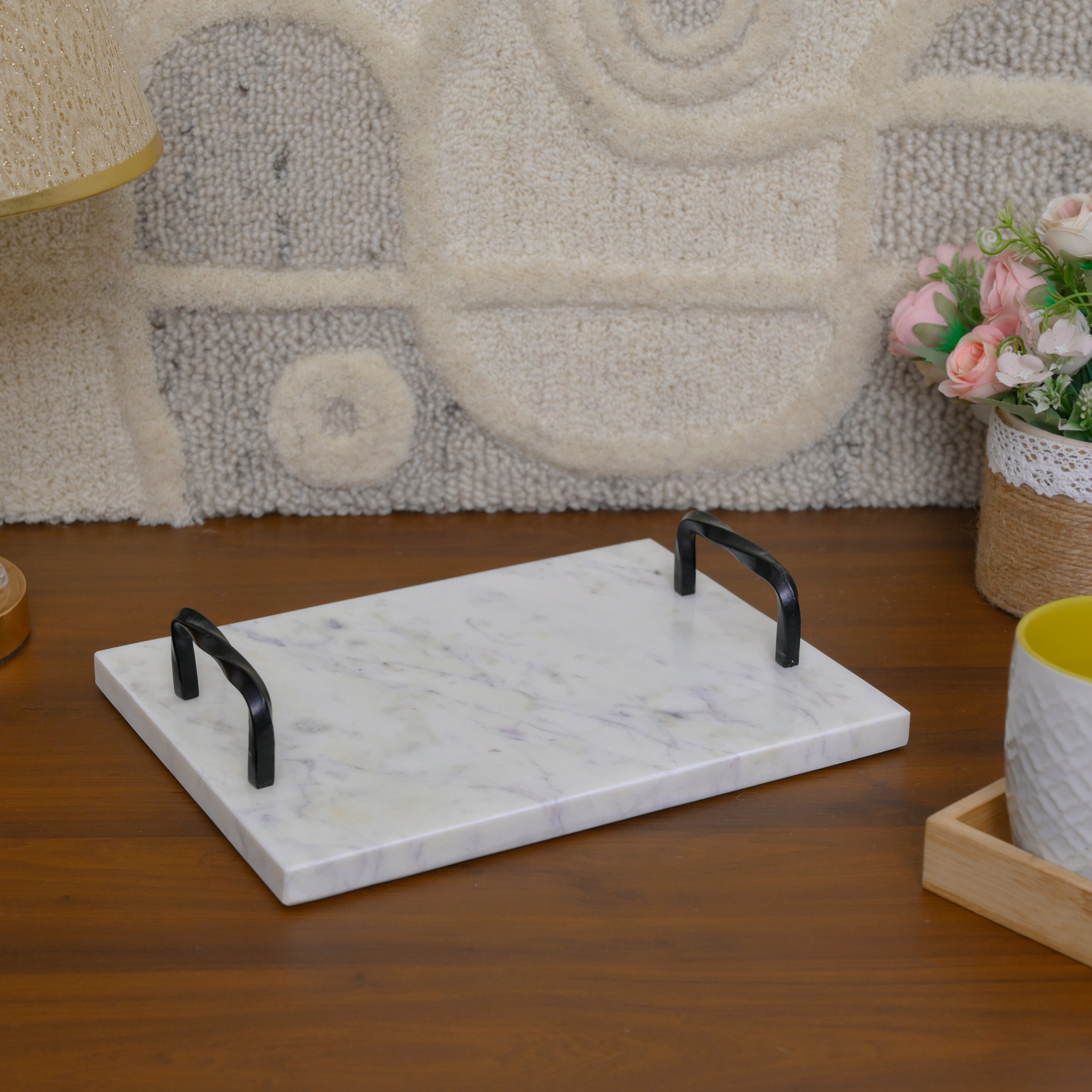 White Marble Serving Tray with Twisted Black Iron Handles
