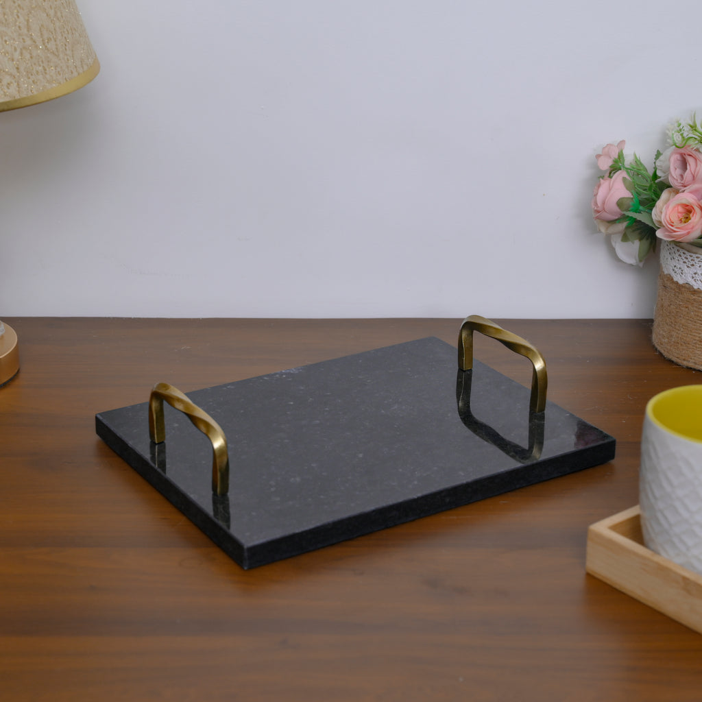 Midnight Granite Serving Tray with Twisted Brass-Finished Handles