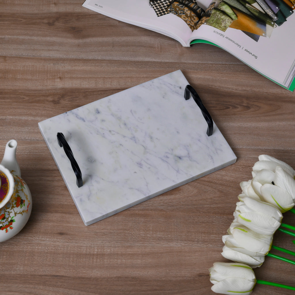 White Marble Serving Tray with Twisted Black Iron Handles