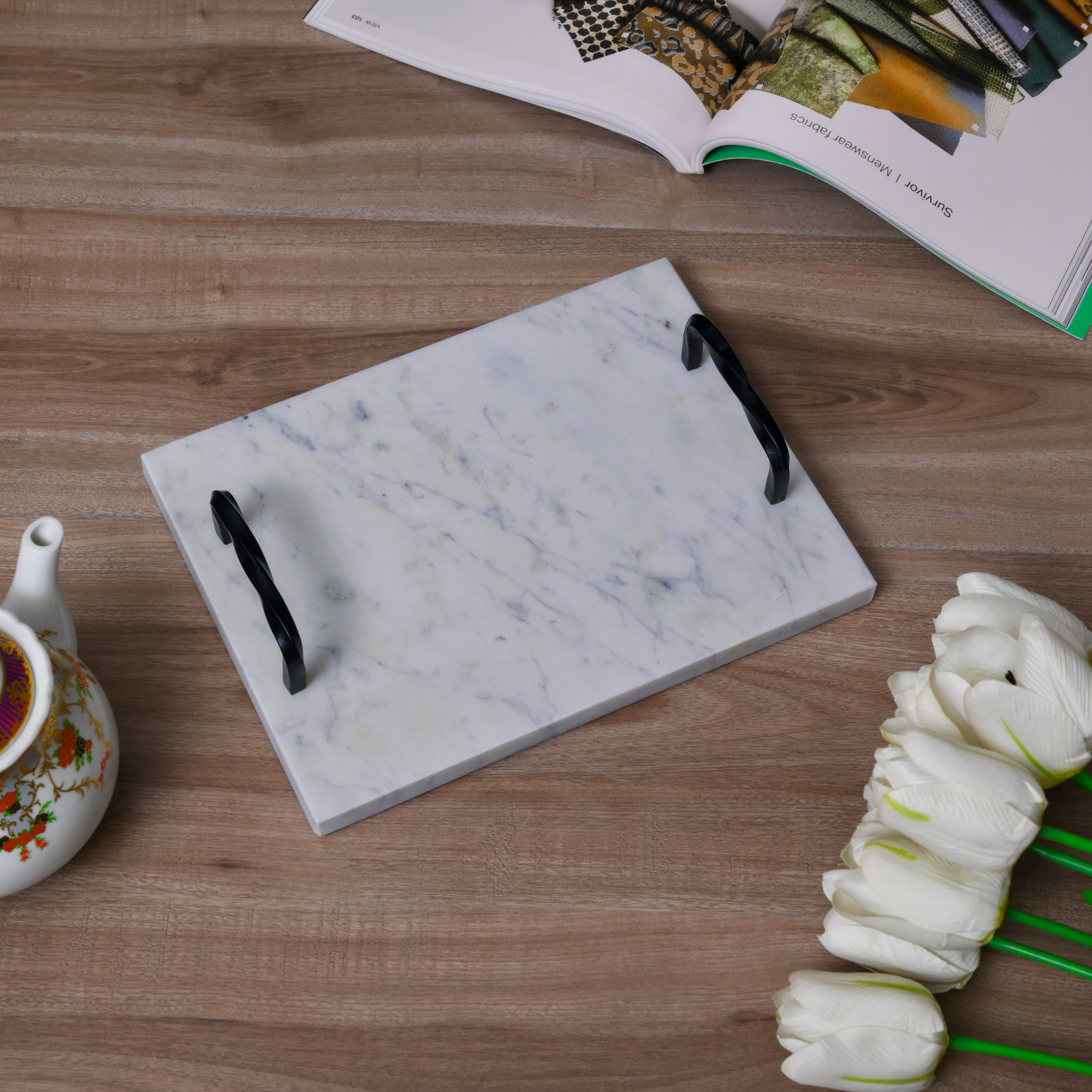 White Marble Serving Tray with Twisted Black Iron Handles