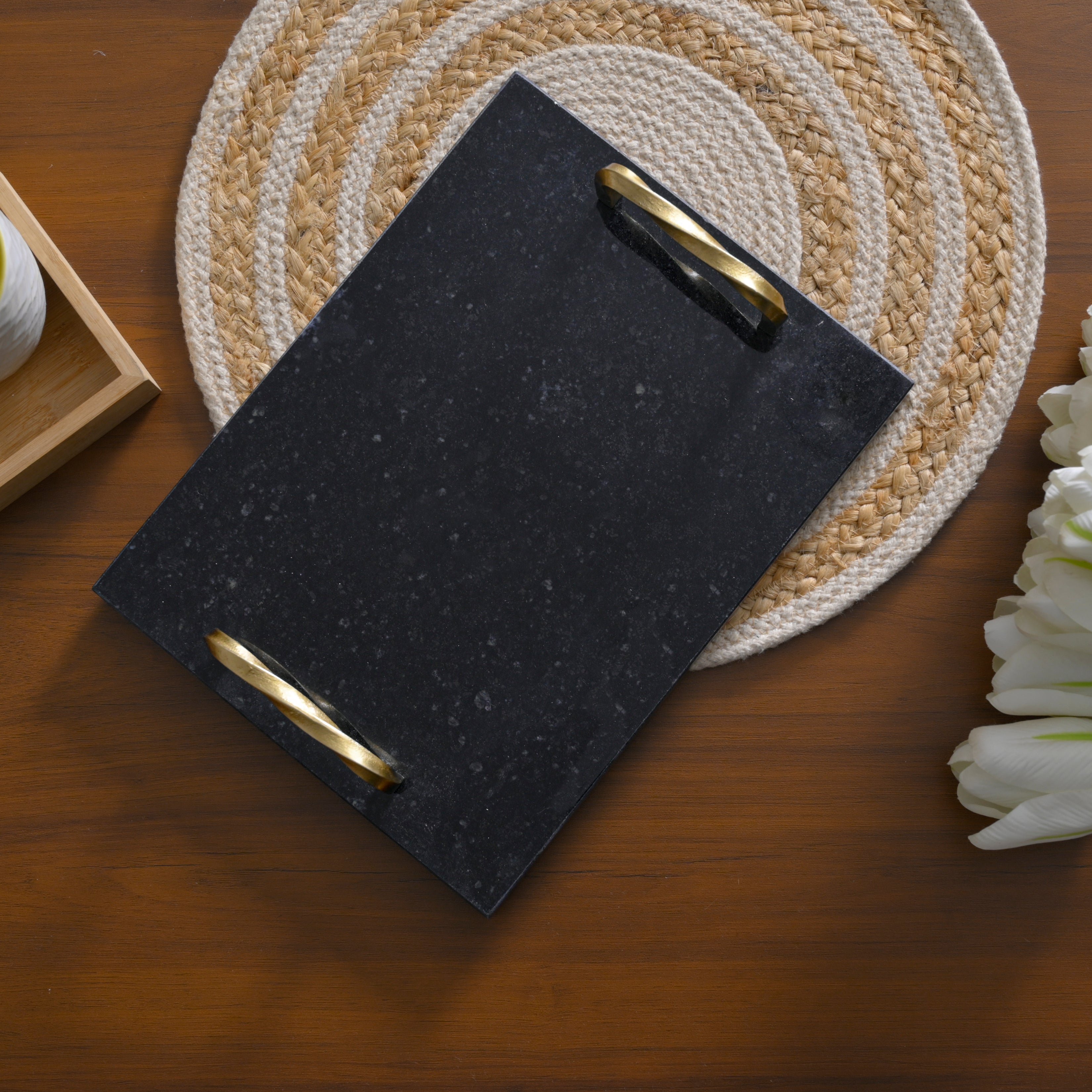 Midnight Granite Serving Tray with Twisted Brass-Finished Handles