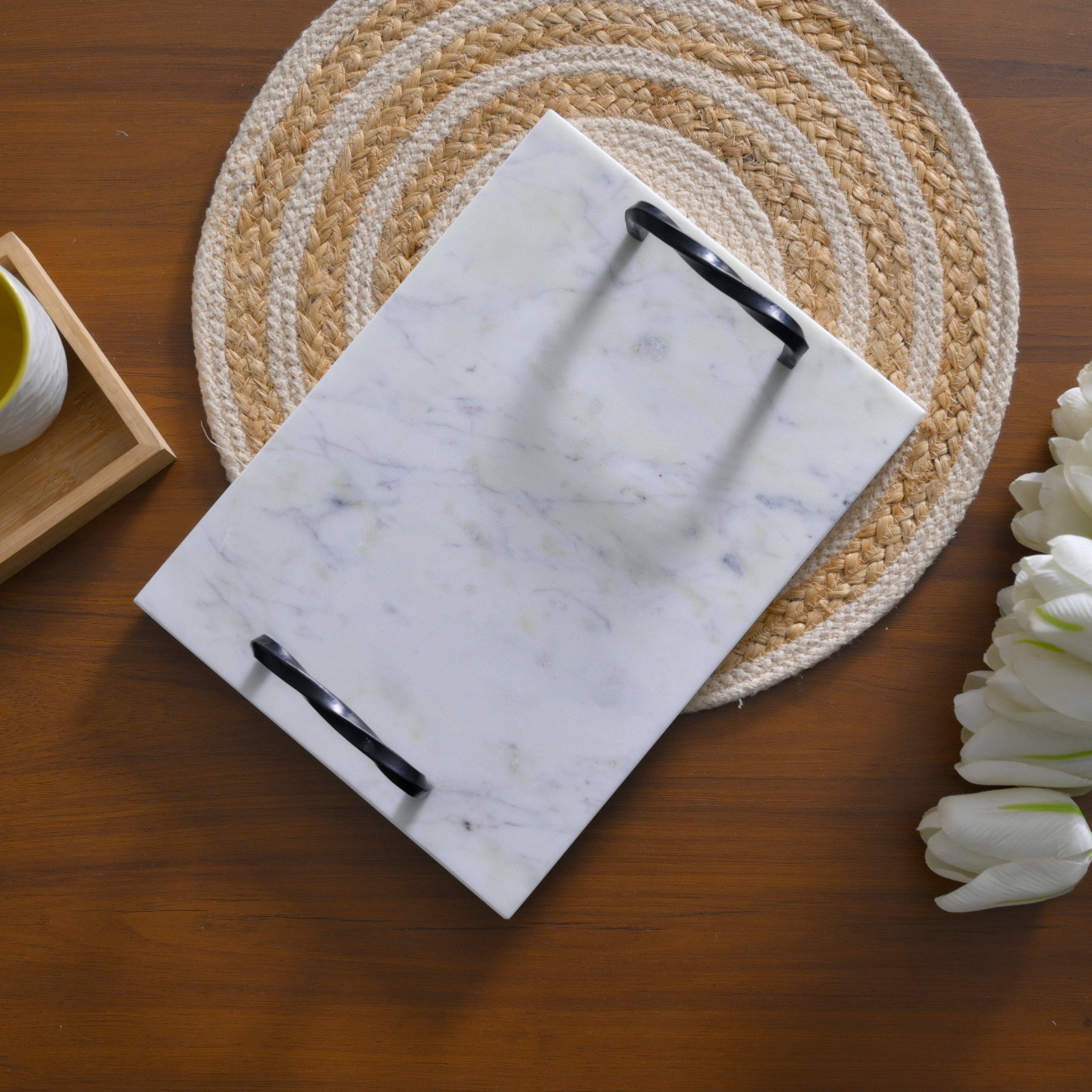White Marble Serving Tray with Twisted Black Iron Handles