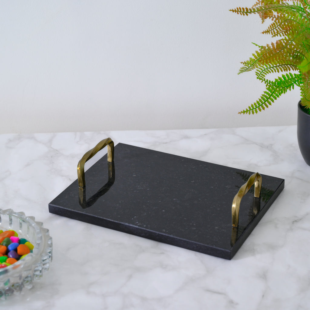 Midnight Granite Serving Tray with Twisted Brass-Finished Handles