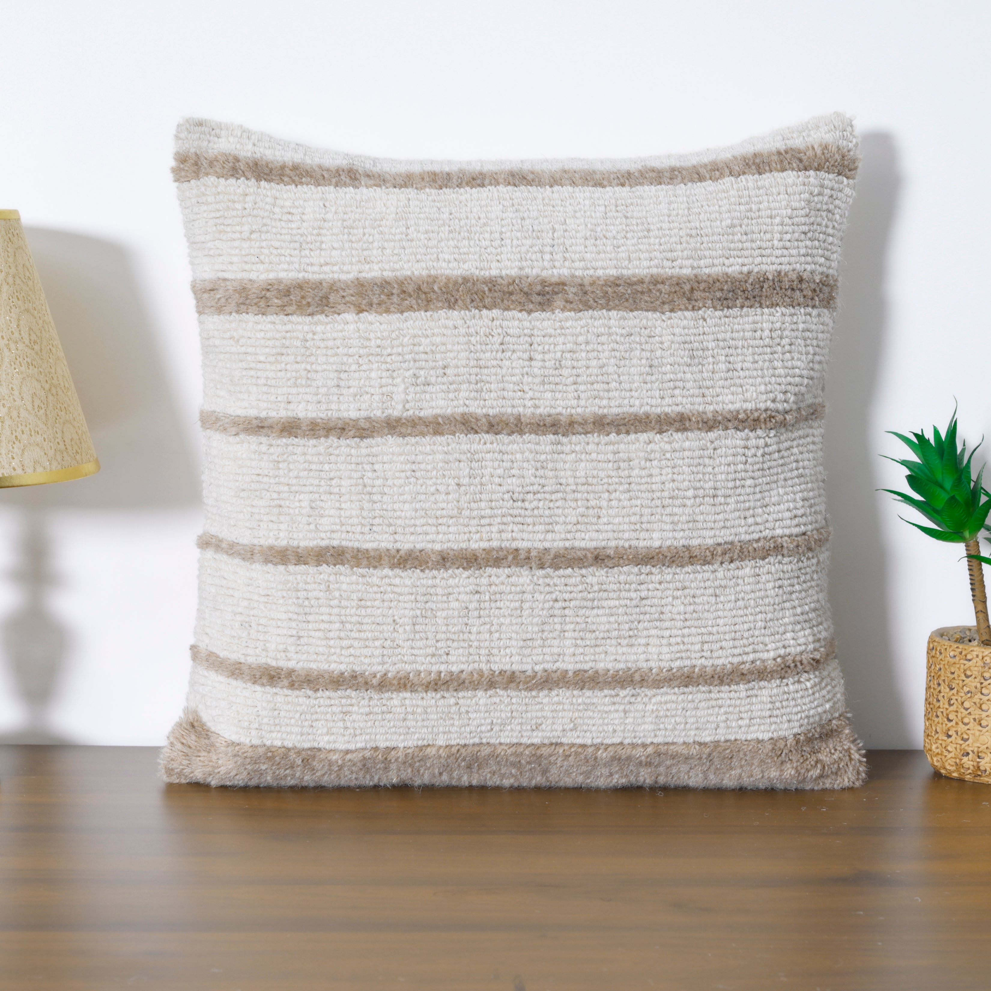 Hand-Woven Striped Textured Pillow | Boho Decorative Square Cushion Cover for Sofa, Couch, or Bed – Cream & Natural Set of 1 Pc