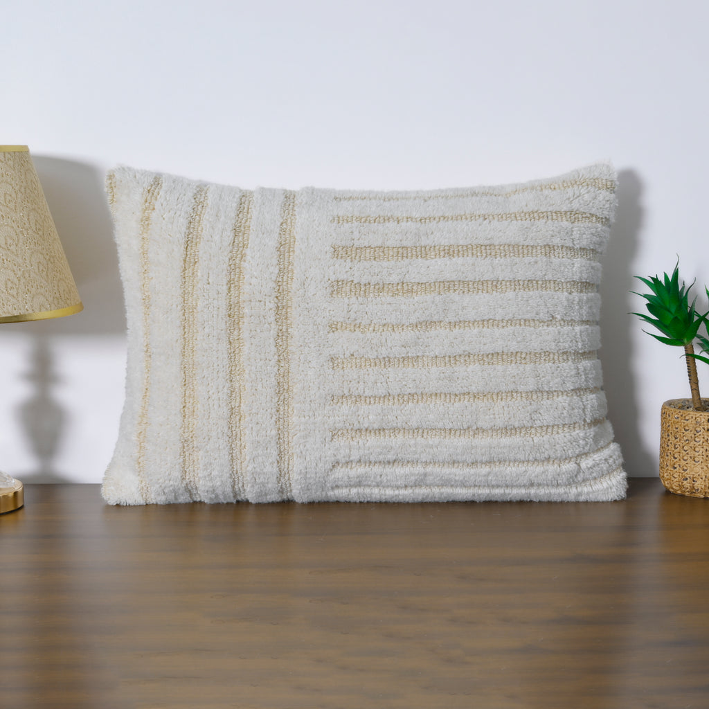 Boho Striped Lumbar Pillow Cover | Cream & Tan Textured Linear Hand-Woven Accent for Farmhouse & Coastal Decor Set of 1 Pc